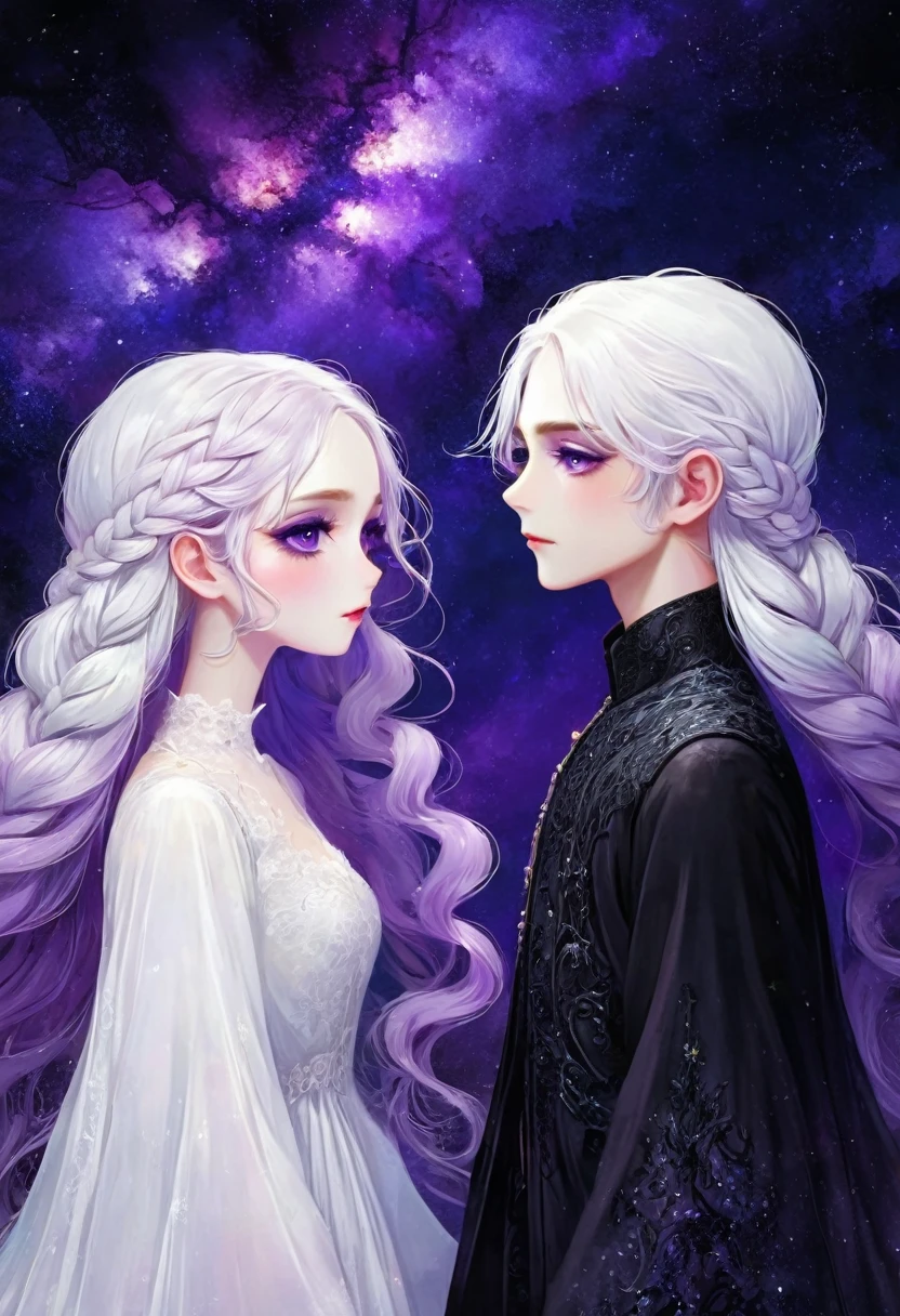 rough texture,Hand drawn style:A couple standing side by side,Fractal Art,yinji, purple hair, purple eyes, long hair, white hair, double braids, gradient hair, Gothic style clothing,see-through clothes,Lace ,Dark Fantasy,Dramatic lighting,cinematic composition, Theatrical atmosphere,Chiaroscuro,Gothic,Melancholy,mystery,Ethereal atmosphere,universe,Psychedelic,dream,fear,Milky Way, Night sky, Star,