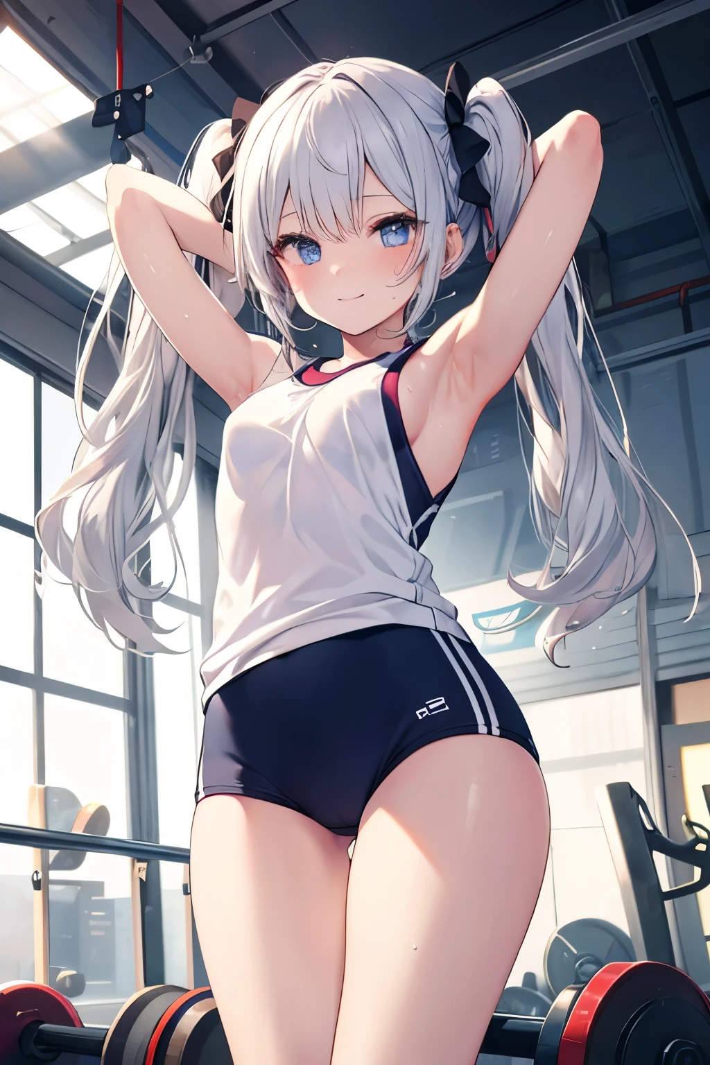 noa, white hair, long hair, ((topless)), masterpiece, best quality, highres, solo, large nipples, midriff, erect nipples, navel, gym, gym equipments, weight room, miror, halo, smile, medium breasts, leaning forward, blush, smiling, sweat, sticky liquid on body, purple eyes, black leggings, bare arms, bare elbow, puffy nipples