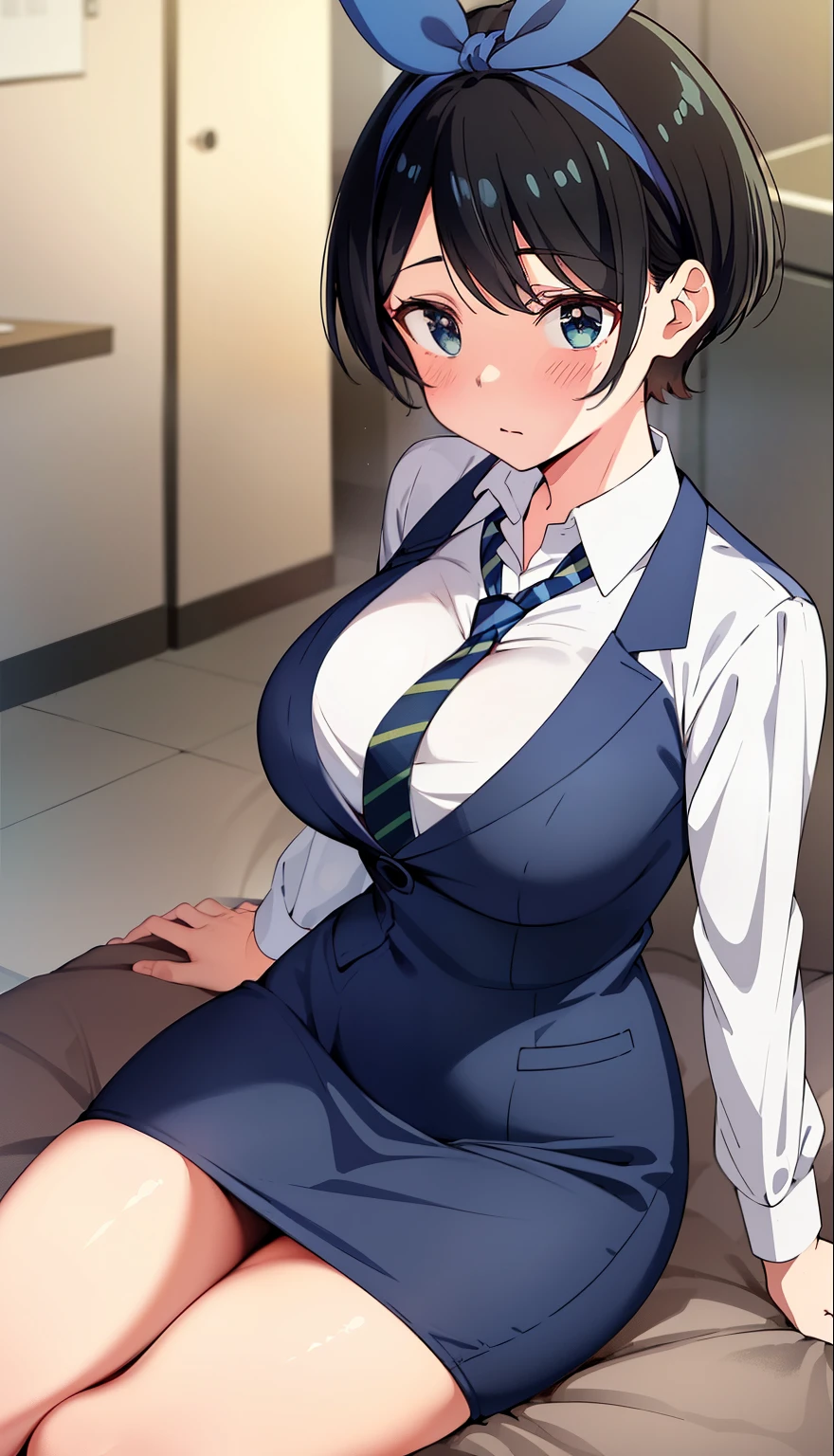 highest quality, Flying debris、Beautiful woman、officeレディー、Black Hair、(Brown eyes、Big Breasts、Blunt bangs)、short hair、チェック柄のダークブルーのofficeスーツ)、new employee,Full Body Shot、Female office lady、break(Dark blue checked vest、White dress shirt、Navy blue mini tight pencil skirt:1.2)、(Black Pantyhose、garter belt、High heels)、break(office:1.3)、Cleavage、Shirt buttons fly off、Absolute area、Blushing、Embarrassed、Standing posture、Open your mouth、Exposing the breasts、Bare your breasts、No panties、No bra、Nipples are visible、Expose the nipple