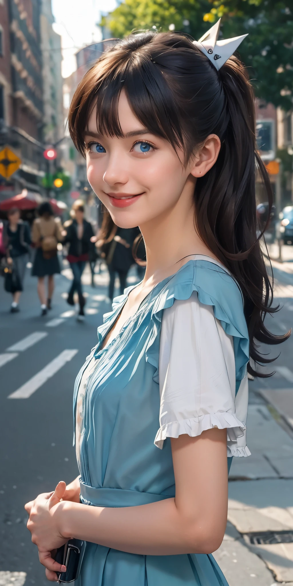 (masterpiece, best quality:1.5), full body the side and front of an goth punk european girl with brown hair,nice smile, sharp facial features, tunnels in the ears, earplugs, short hairstyle with a hairpin, a hairpin on the bangs,bright blue eyes color,bright shining white skin, sharp chin, face." 20years old on the street,(photorealistic), best quality, realistic, real picture, intricate details, depth of field, highly-detailed, perfect face, lips, Fujifilm XT3, RAW photo, 8k, crisp, sharp, sunny day