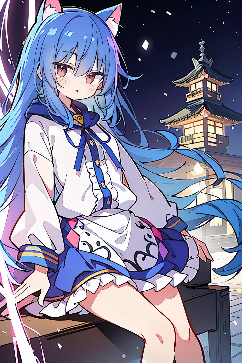(masterpiece:1.2),Super detailed,lifelike,Expressive eyes,fair skin,perfect face shape,1 girl,
Japanese comics,Gorgeous blue hair,flowing blue hair,flowing clothes,Cat ears,Petals fall,beautiful lola,Baby Angel,sunrise,
Shaking head with one hand,Cross your legs,Gentle and peaceful background,The pavilion is cool and comfortable,smile, wearing hoodie, background of tokyo,back views,snowing, winter.
