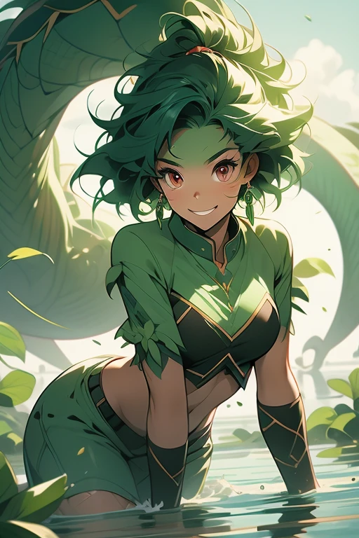 Green hair, Green skin, Pointed ears,,Fangs, female orc,muscle,muscle,Bare waist,animal skin top,cleavage,animal skin briefs,forest