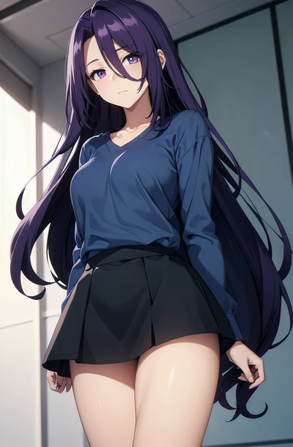 purple hair,purple eyes,((blue shirt,black mini skirt)),
