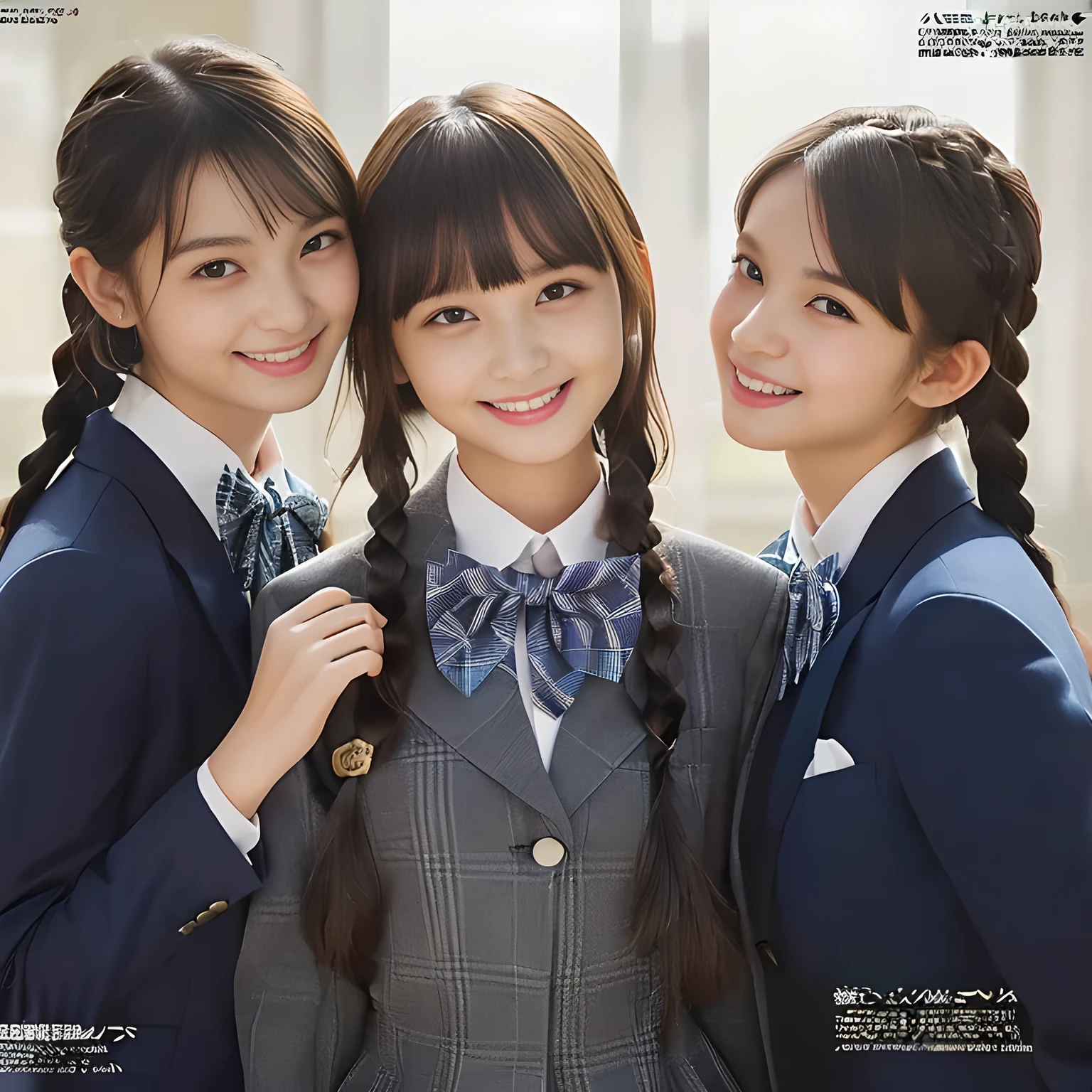 (highest quality, masterpiece:1.2), highest quality, Realistic, photograph, High resolution, 1080p, 8K, Physical Rendering, ((Height: 155cm)), ((((((Some 14 year old beautiful Japanese fashion magazine's fashion models are looking straightly at the viewer)))))), (((big very detailed beautiful dark brown eyes))), ((((Everyone is laughing at me!)))), detailed fingers, (((curled blunt bangs))), ((((Very noble and cute eyes, carefully drawn with great attention to detail)))), ((double eyelids)), (((long eyelashes))), ((cute lovely lovely laughing laughing cheeks)), ((The pure white light hits my nose and cheeks. Her eyes and white facial skin shine beautifully white.)), (((((Her facial features are very expressive noble smile, very sweet, very very intelligent))))), ((((impressive plain navy large school ribbon bow tie in plain)))), ((((black very beautiful and very long braids hair)))), (((blue and navy colored tartan checkered formal long pleated skirt))), ((((A formal dark blue blazer in solid that is slightly oversized and with a golden emblem)))), ((As elegant as a noble princess)), ((Dancing in a classroom)), ((The whole body with impressive noble skirt from the side))