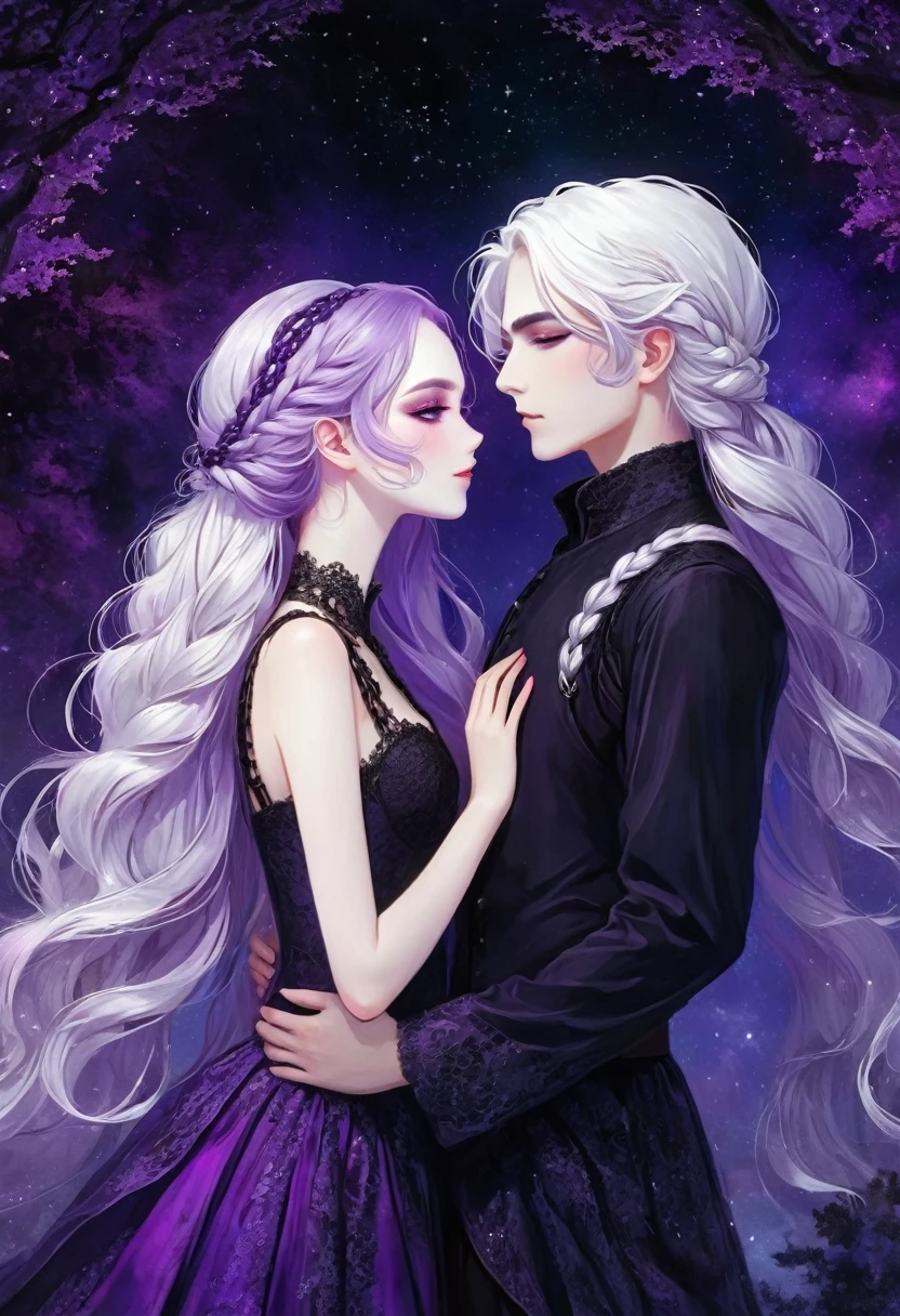 rough texture,Hand drawn style:A couple of lovers standing side by side,Fractal Art,yinji, purple hair, purple eyes, long hair, white hair, double braids, gradient hair, Gothic style clothing,see-through clothes,Lace ,Dark Fantasy,Dramatic lighting,cinematic composition, Theatrical atmosphere,Chiaroscuro,Gothic,Melancholy,mystery,Ethereal atmosphere,universe,Psychedelic,dream,fear,Milky Way, Night sky, Star,