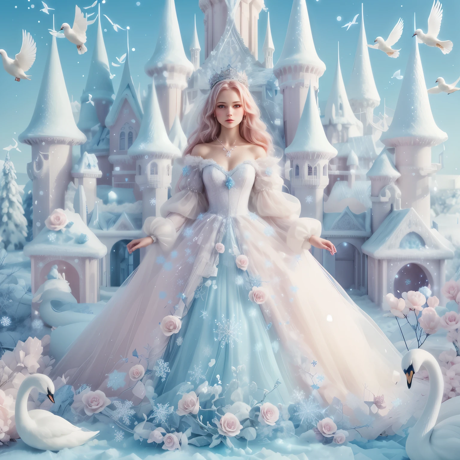 light pink winter queen Swedish beautiful lady wearing a baby blue gaussian gown made of snowflakes, swans, lakes, doves castles, cold, frosty, frost, fantasy, bubbles, cotton, bows, buttons, sunny blue skies, dark red roses, ribbons, full body shot, medium shot, from crown above her head to the bottoms of her shoes,