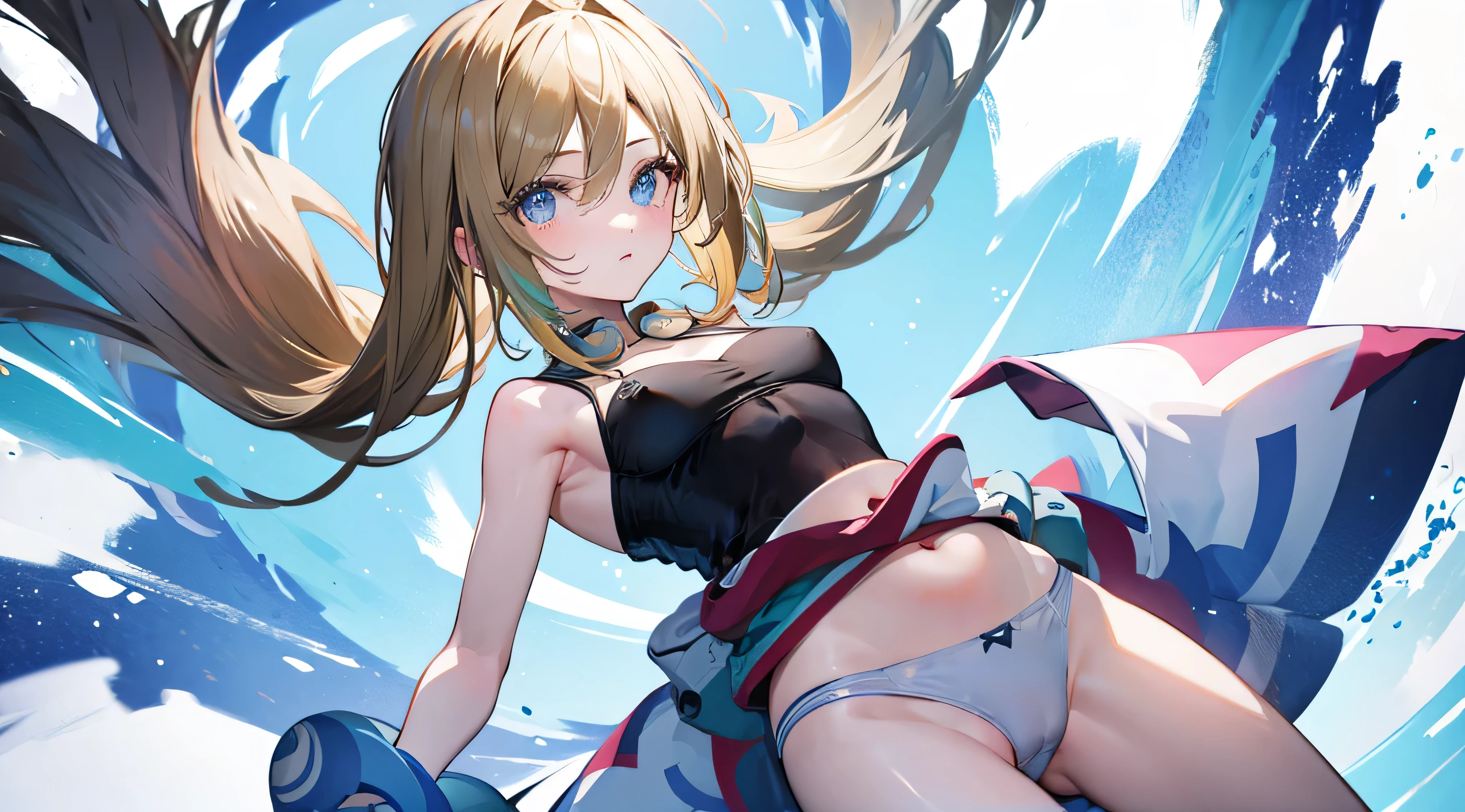 1 girl、belly button、Put your arms behind your back