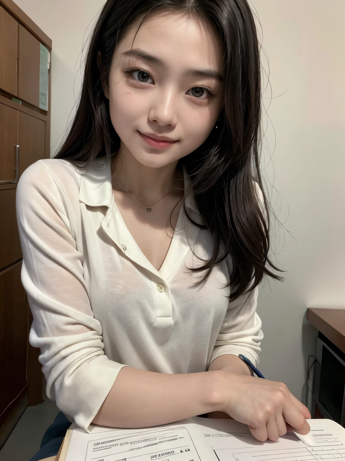 A 23 year old Asian student, elegantemente vestida, pause your study to look directly at the camera with a slight confident smile on your face.