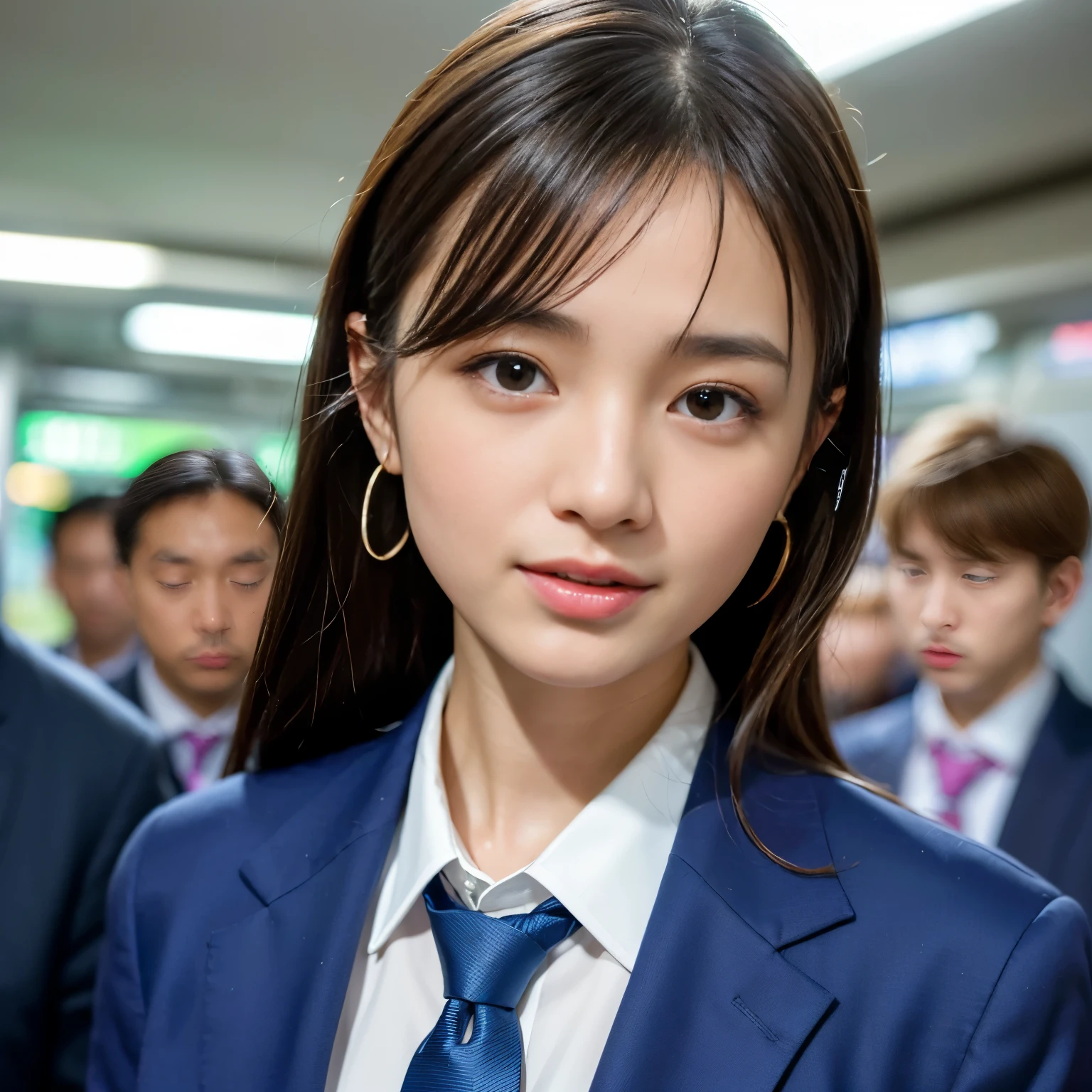 (Best-quality, Masterpiece, Ultra-High-Resolution, (Photorealistic:1.4), Raw Photo, depth of field, professional lighting, perfect anatomy, extremely details, perfect face, perfect body, perfect hands, perfect fingers), 1girl, -yeld, thost famous Japanese idol, on crowded-train, ((wearing formal business suit, tie, slacks)), (((extremely cute orgasm-face, extremely cute and extremely big orgasm-eyes, extremely beautiful orgasms-skins))), looking at viewer, detailed crowded-train