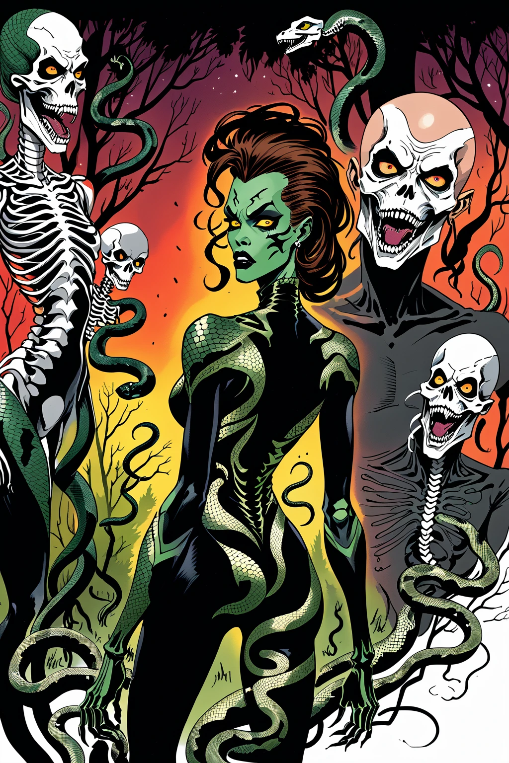 Medusa, splash page decompressed comic cover art, ink style figure, ((expressive Joelle Jones and "Sean Gordon Murphy" comic drawing)), wordless, cinematic poster, morphology anatomy drawn Frederic Delavier musculature anatomical illustration, (face, ornate black metal corpse paint, resembles Grace Jones), abyss void black no visibility darkness, full length portrait, (background, pine barrens, entropy, rewilding, magic hour sunset, galaxy stars, cosmos), (colors, bleak muted deep fiery radiant glowing ROYGBIV, forest green, earth brown), candid, snake skin dress, (body, Naga, snakefolk, lower body snake tail, snake woman hybrid, bald, hairless, skeleton, snake skin tattoos, piercing eyes, snake pupils, over the shoulder), craftsmanship nuance, (Gerardo Zaffino charcoal), (horror, abstract, surreal, body, cosmic), subliminal orchids, nyctophobia, silhouette, double exposure, image within image,