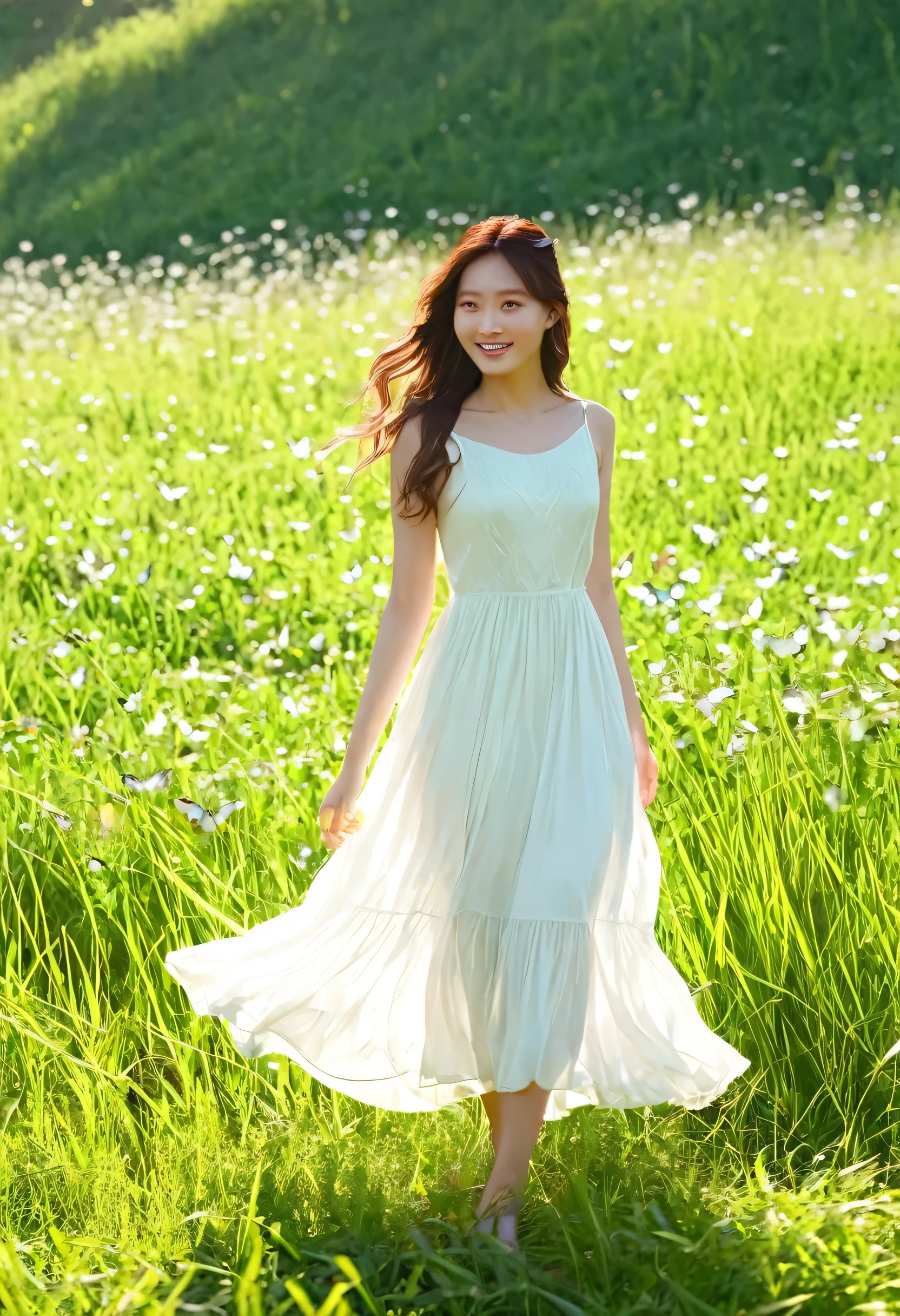 ，masterpiece, highest quality，8k, Ultra-high resolution，Real Light and Shadow，Cinema Lenses，(Beautiful Eyes:1.1)， ((Medium shot scenes，Upper body))，Dynamic Pose，In the green grassland，A gentle goddess came with gentle steps。She was wearing a white dress，A gentle breeze blows，The skirt flutters lightly。The sun shines through the leaves into her hair，Reflecting her clear eyes and gentle smile。Colorful butterflies fluttered around her.，Flowers bloomed at her feet，It was as if nature was cheering her on.。