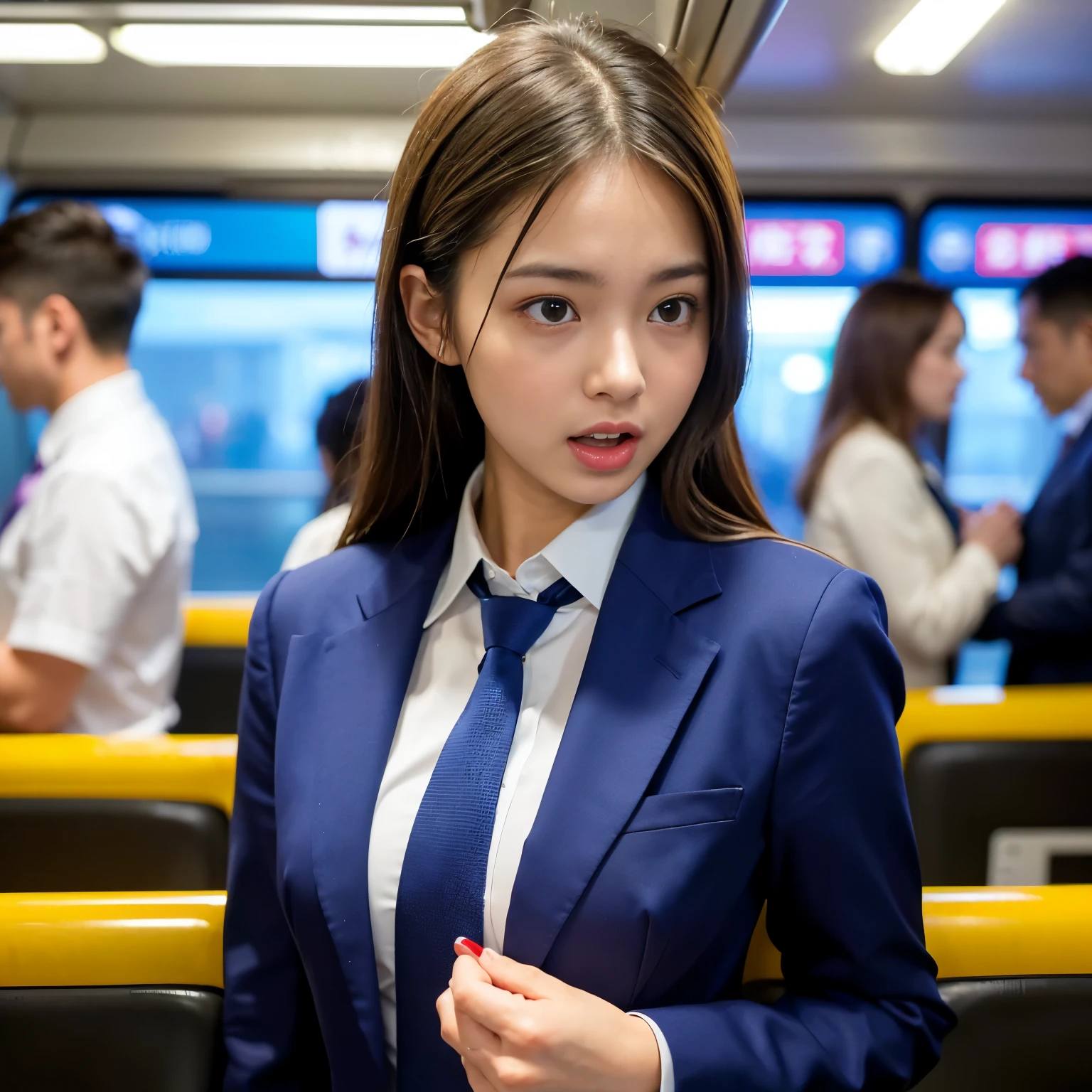 (Best-quality, Masterpiece, Ultra-High-Resolution, (Photorealistic:1.4), Raw Photo, depth of field, professional lighting, perfect anatomy, extremely details, perfect face, perfect body, perfect hands, perfect fingers), 1girl, 15-years-old, the most famous Japanese idol, on crowded-train, ((wearing formal business suit, tie, slacks)), (((extremely cute orgasm-face, extremely cute and extremely big orgasm-eyes, extremely beautiful orgasms-skins))), looking at viewer, detailed crowded-train