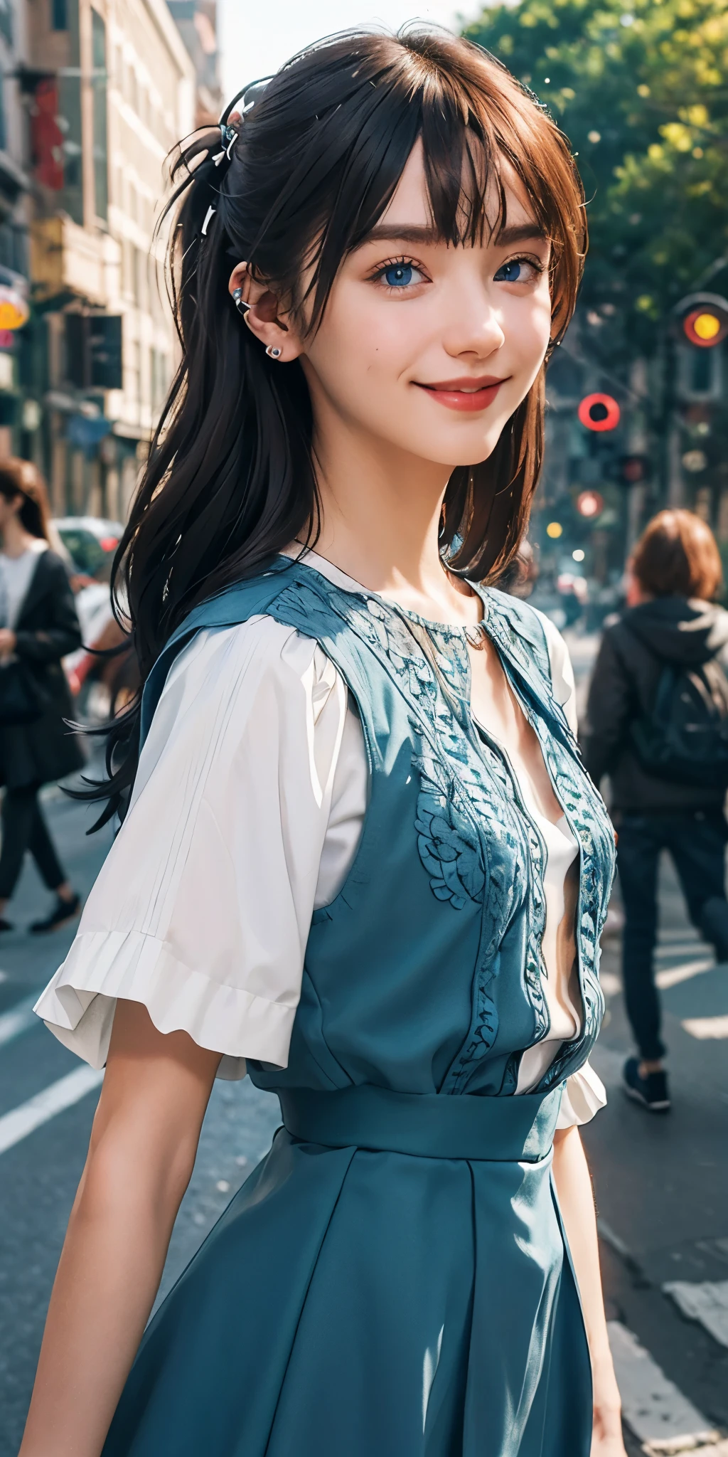 (masterpiece, best quality:1.5), full body the side and front of an goth punk european girl with brown hair,nice smile, sharp facial features, tunnels in the ears, earplugs, short hairstyle with a hairpin, a hairpin on the bangs,bright blue eyes color,bright shining white skin, sharp chin, face." 20years old on the street,(photorealistic), best quality, realistic, real picture, intricate details, depth of field, highly-detailed, perfect face, lips, Fujifilm XT3, RAW photo, 8k, crisp, sharp, sunny day