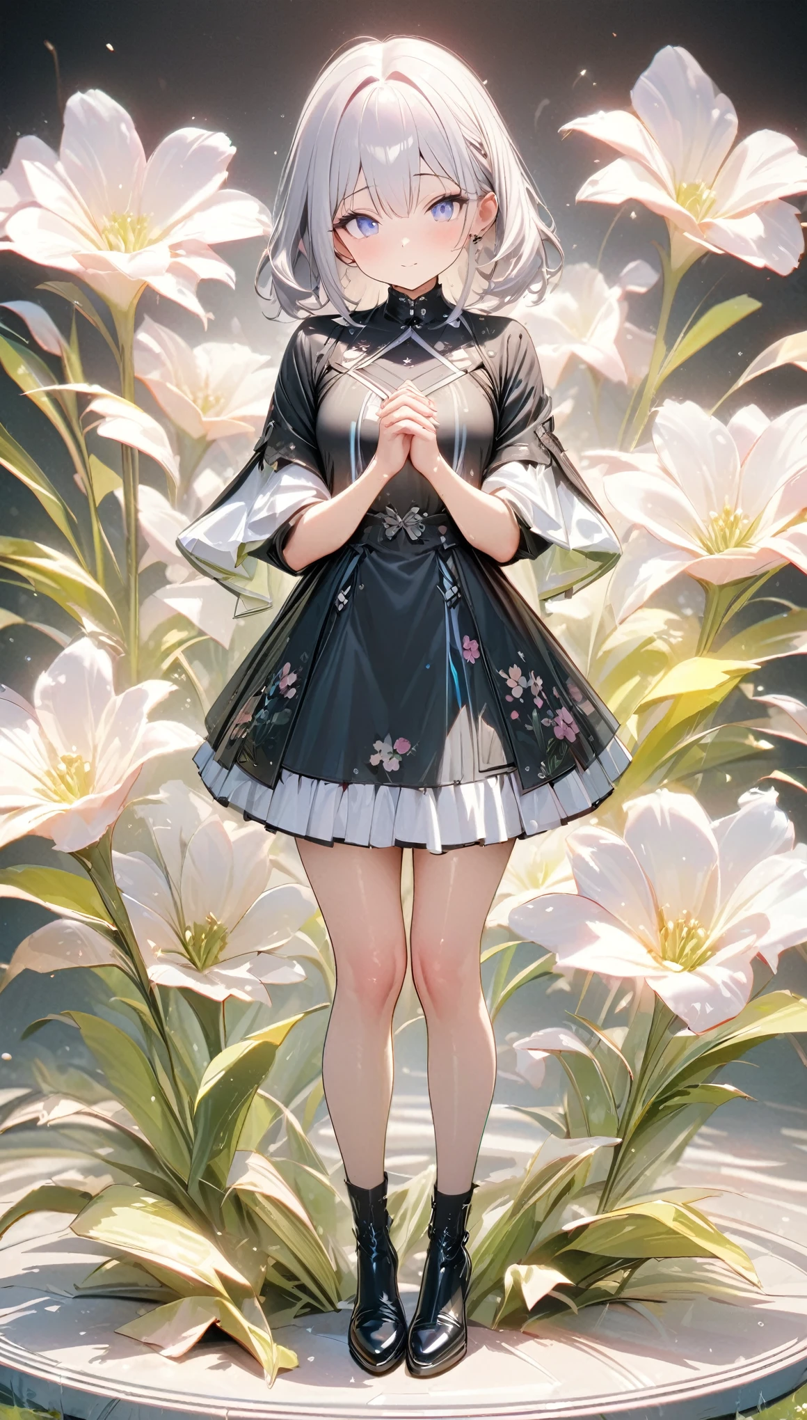 Symmetrical，Daughter，Full body female，Hands together，Flowers in bloom，（Very detailed:1.1），masterpiece，Ultra-fine，best quality，8K