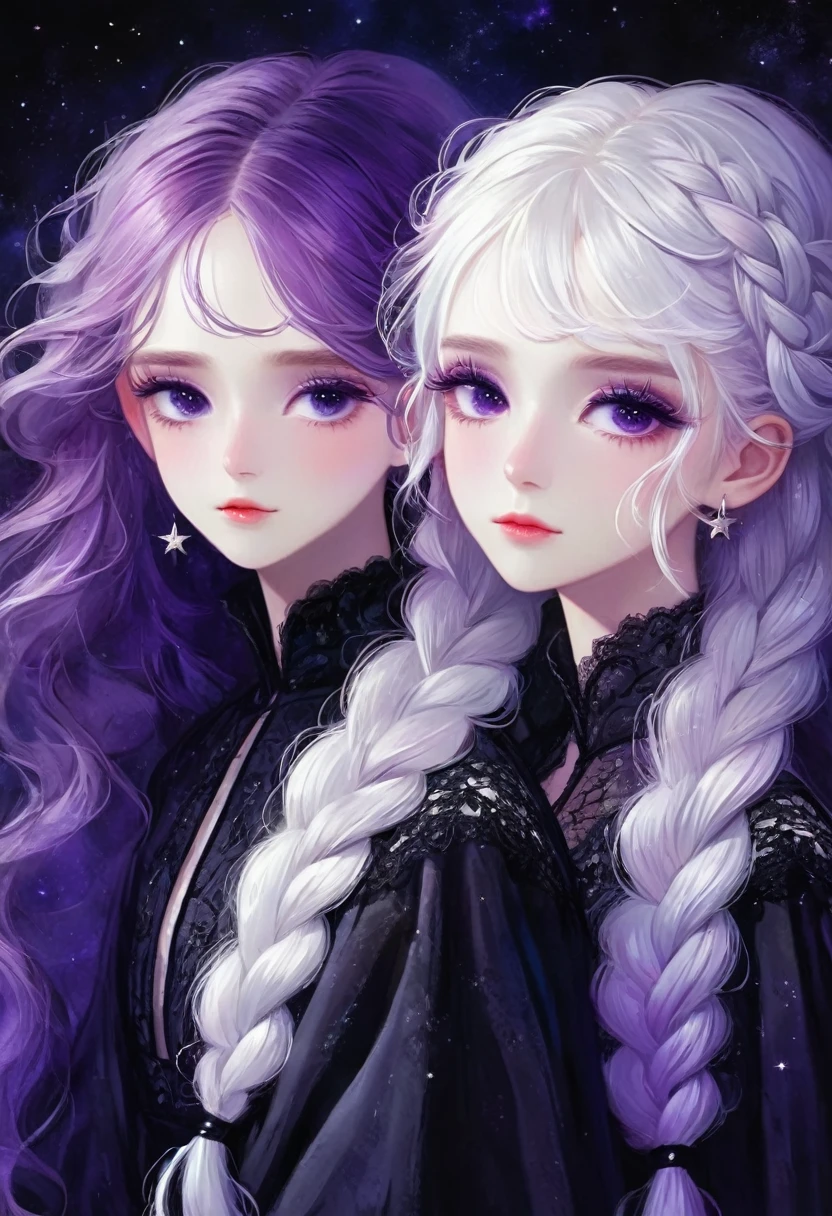 rough texture,Hand drawn style:A couple of lovers back to back,Fractal Art,yinji, purple hair, purple eyes, long hair, white hair, double braids, gradient hair, Gothic style clothing,see-through clothes,Lace ,Dark Fantasy,Dramatic lighting,cinematic composition, Theatrical atmosphere,Chiaroscuro,Gothic,Melancholy,mystery,Ethereal atmosphere,universe,Psychedelic,dream,fear,Milky Way, Night sky, Star,