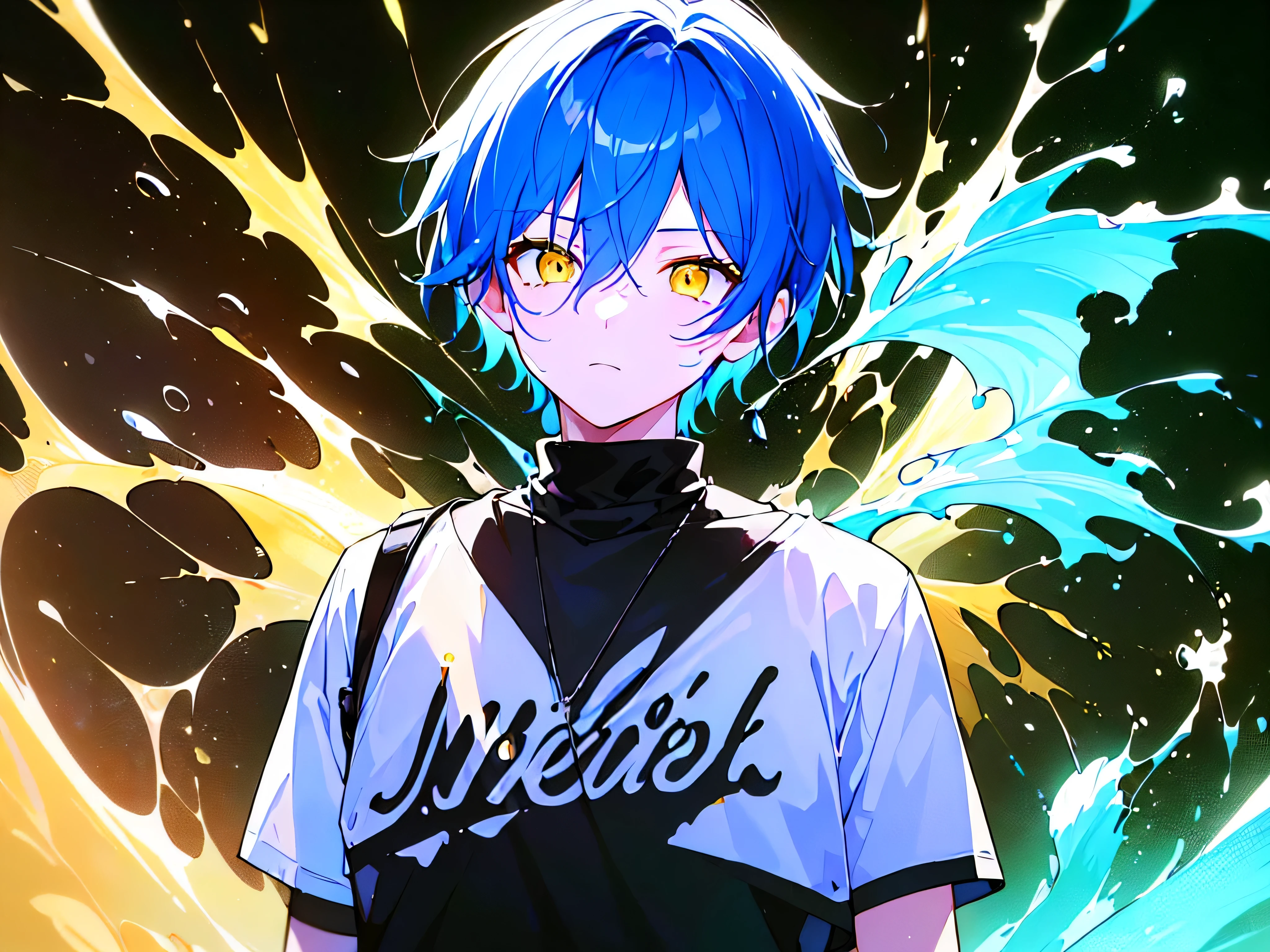 [(BLACK BACKGROUND:1.5),::5], ((((masterpiece)))), high quality, very_high_resolution, large_filesize, upper body, full color, ((younger boy)), 13 old year, short deepblue hair, vivid color, ((yellow eye)), Summer clothes white, animestyle, (NeonSoda Splash effect:1.3)