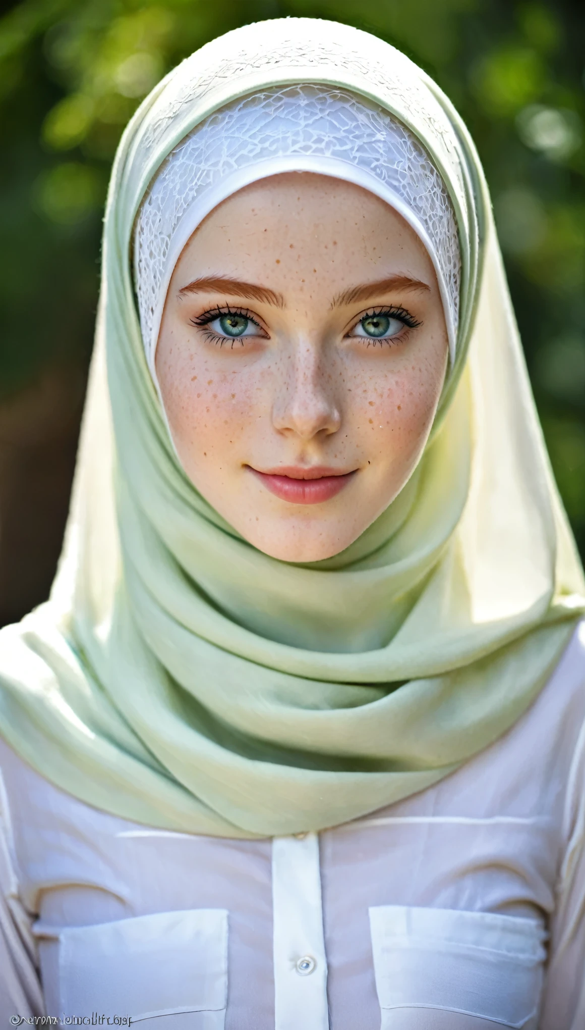 photography full body portrait of very beautiful realistic girl, 15-years-old, porcelain skin, very fair skin, very pale skin, redhead, detail freckles skin, hazel eyes, slanted eyes, small nose, small nostril, thick curved eyebrow, thick bottom lip, seductive gaze, happy face, unique face, wear white glamour hijab, Muslim fancy hijab, long baggy pants, detail photo, realistic photo, master piece picture, sharp picture, outdoor clear daylight