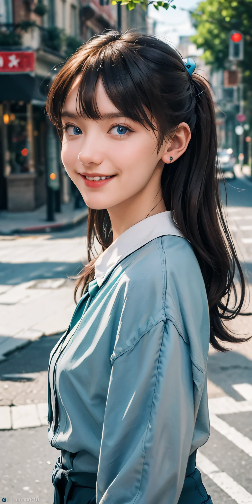 (masterpiece, best quality:1.5), full body the side and front of an goth punk european girl with brown hair,nice smile, sharp facial features, tunnels in the ears, earplugs, short hairstyle with a hairpin, a hairpin on the bangs,bright blue eyes color,bright shining white skin, sharp chin, face." 20years old on the street,(photorealistic), best quality, realistic, real picture, intricate details, depth of field, highly-detailed, perfect face, lips, Fujifilm XT3, RAW photo, 8k, crisp, sharp, sunny day