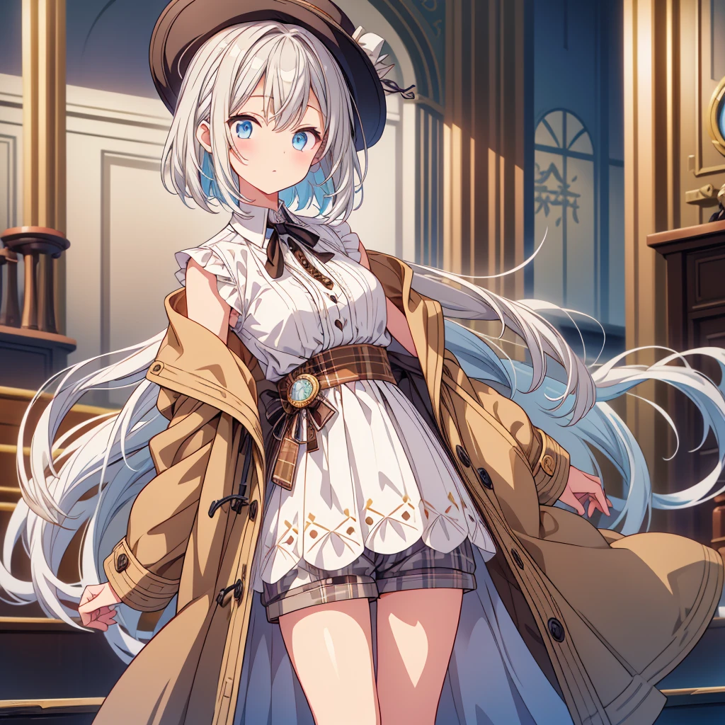 One girl、highest quality、VTuber - whole body、Milky white short hair、masterpiece、Official Art、The best configuration、Long straight hair with milky white top and blue tips、Sherlock Holmes costumes、Brown and dark brown checked herringbone hat、A poncho with the same pattern as the hat、Brown spring coat、White shirt and shorts with the same pattern as the hat、magnifying glass、Detective、Pocket watch hanging around neck、Stand in front of the audience、Simple Background、