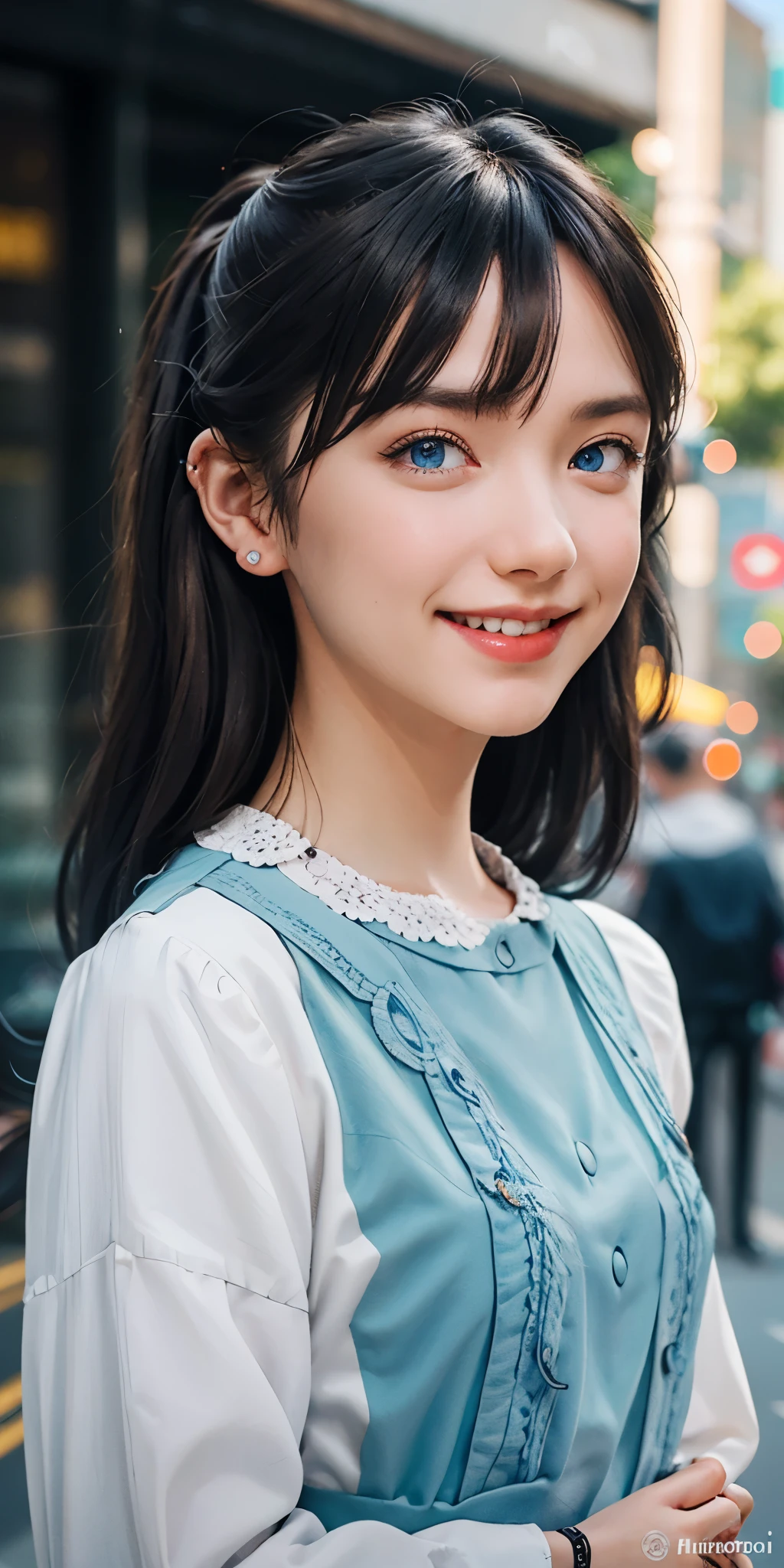 "portrait of full body the side and front of an goth punk european girl with brown hair,nice smile, sharp facial features, tunnels in the ears, earplugs, short hairstyle with a hairpin, a hairpin on the bangs,bright blue eyes color,bright shining white skin, sharp chin, face." 20years old on the street,(photorealistic), best quality, realistic, real picture, intricate details, depth of field, highly-detailed, perfect face, lips, Fujifilm XT3, RAW photo, 8k, crisp, sharp, sunny day