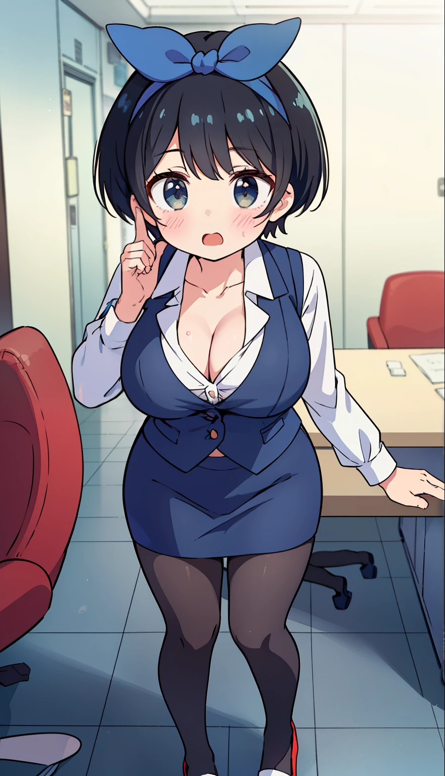 highest quality, Flying debris、Beautiful woman、officeレディー、Black Hair、(Brown eyes、Big Breasts、Blunt bangs)、short hair、チェック柄のダークブルーのofficeスーツ)、new employee,Full Body Shot、Female office lady、break(Dark blue checked vest、White dress shirt、Navy blue mini tight pencil skirt:1.2)、(Black Pantyhose、garter belt、High heels)、break(office:1.3)、Cleavage、Shirt buttons fly off、Absolute area、Blushing、Embarrassed、Standing posture、Open your mouth、Exposing the breasts、Bare your breasts、No panties、No bra、Nipples are visible、Expose the nipple