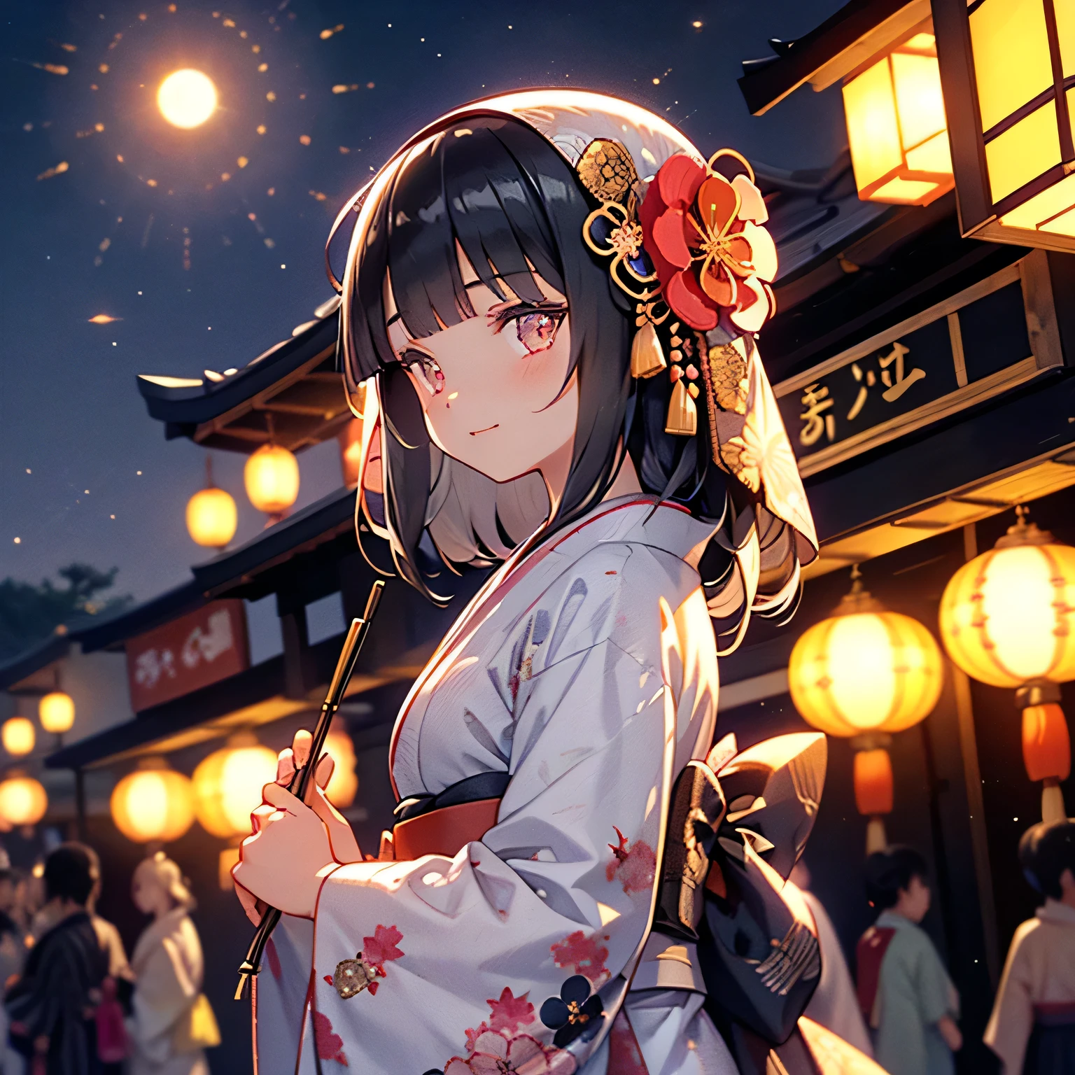 ♥(Japanese beautiful flower printed kimono,yukata),((1girl,cute,young,semi long beautiful black hair,blunt bangs,twin tales,beautiful eyes)),(solo),((masterpiece, highest resolution,best quality)), (beautiful illustration),(Japanese beautiful flower printed kimono,yukata), (looking at the viewer), innocent smile,cinematic lighting,Japanese Festival,stall,fireworks,night sky,full moon,shooting star,