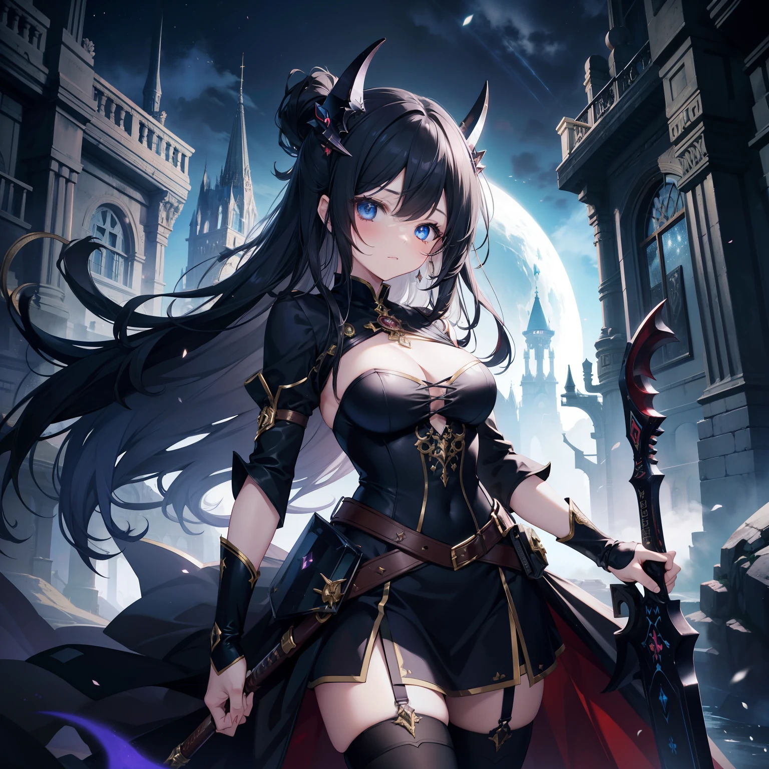 ULTRA, HQ, best quality, seductive lady wearing costume and holding a weapon, magical, magic, RPG, FANTASY, sfw, cute, kawaii, devil horns, long black hair, blue eyes, fantasy theme, rpg theme, innocent