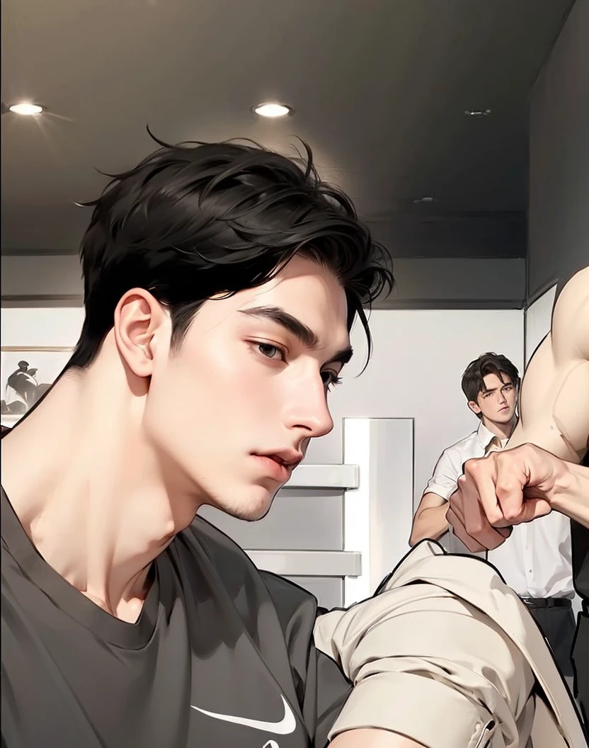 Masterpiece of man, Adult man with firm facial features like an Dutch, black eye, his nose is sharp, mature, black eyes, neat short balck hair, very handsome, white, clean, smooth skin, muscle body realistic, 
