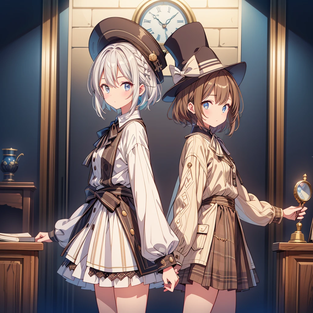 One girl、highest quality、VTuber - whole body、Milky white short hair、masterpiece、Official Art、The best configuration、Long straight hair with milky white top and blue tips、Sherlock Holmes costumes、Brown and dark brown checked herringbone hat、A poncho with the same pattern as the hat、Brown spring coat、White shirt and shorts with the same pattern as the hat、magnifying glass、Detective、Pocket watch hanging around neck、Stand in front of the audience、Simple Background、Clothes are symmetrical、Sherlock Holmes Herringbone Hat