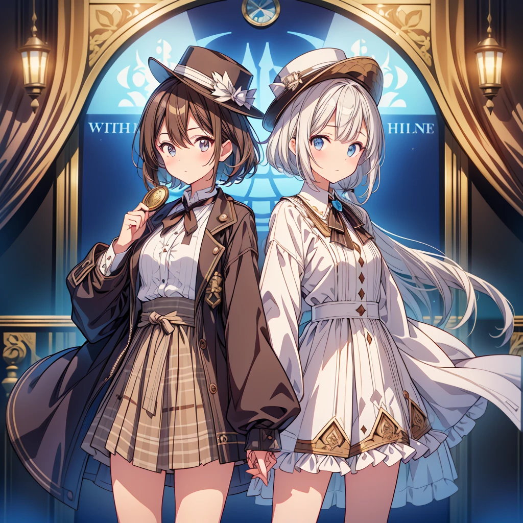 One girl、highest quality、VTuber - whole body、Milky white short hair、masterpiece、Official Art、The best configuration、Long straight hair with milky white top and blue tips、Sherlock Holmes costumes、Brown and dark brown checked herringbone hat、A poncho with the same pattern as the hat、Brown spring coat、White shirt and shorts with the same pattern as the hat、magnifying glass、Detective、Pocket watch hanging around neck、Stand in front of the audience、Simple Background、Clothes are symmetrical、Sherlock Holmes Herringbone Hat