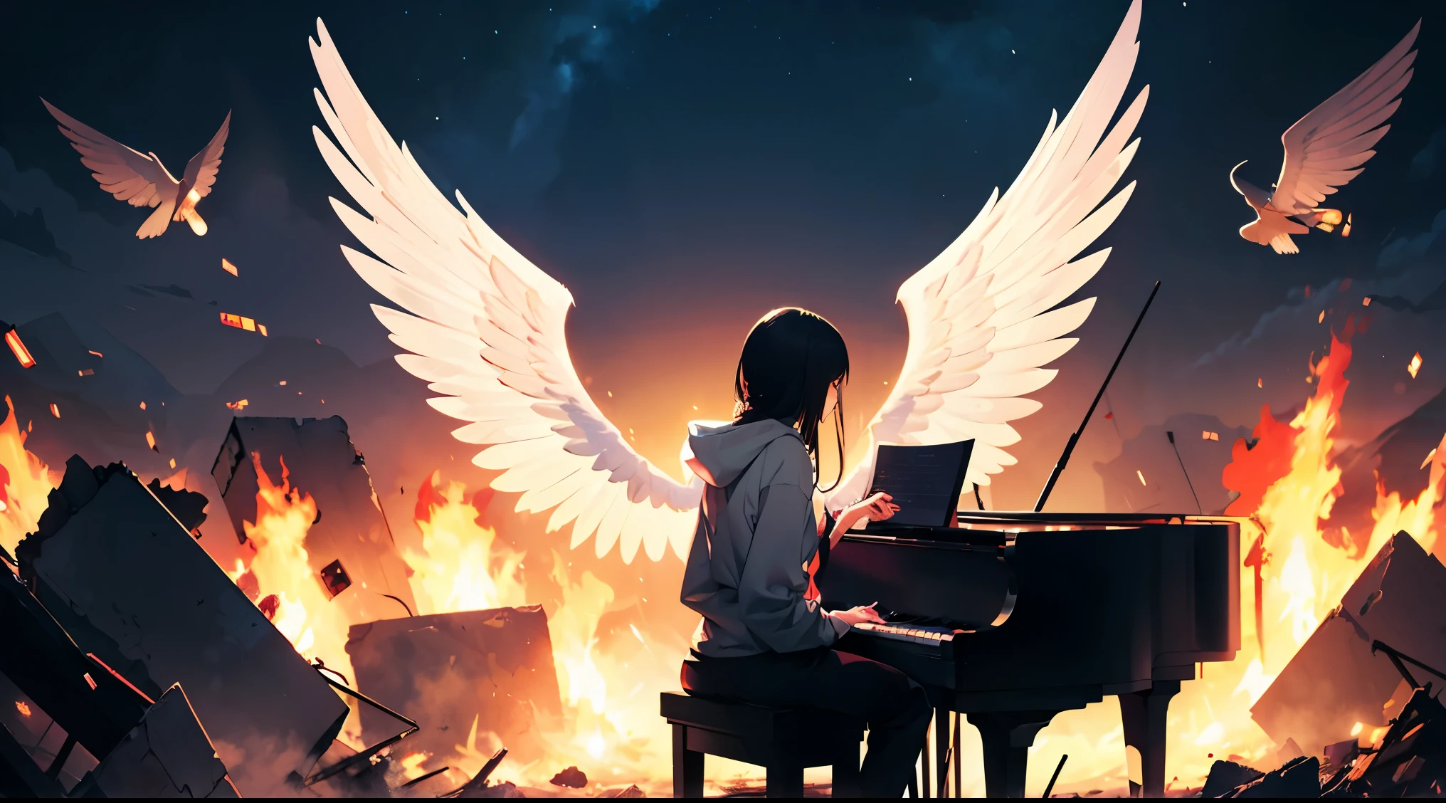 (battlefield) ((Long Shot)), (Full Shot)), night, alone, close your eyes, Open your mouth, sing, Rubble pile, Side view, profile, ((Angel woman in sky)), battlefield, fire, Remains, high quality, , Angel, ((woman in white hoodie playing piano and sing)), ((Woman with two large white translucent multimeter wings on her back))), Cool woman, wonderful, Long black hair ((Full Shot))