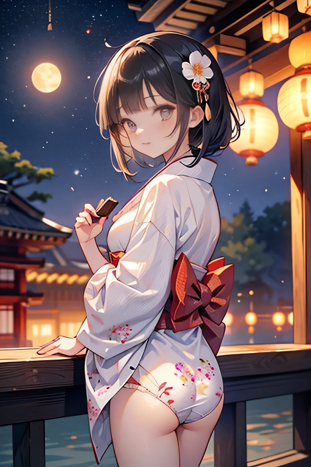 ((sexy cute mini kimono and elegant beautiful white laced panties)),
♥(Japanese beautiful flower printed kimono,yukata),((1girl,cute,young,semi long beautiful black hair,blunt bangs,twin tales,beautiful eyes)),(solo),((masterpiece, highest resolution,best quality)), (beautiful illustration),(Japanese beautiful flower printed kimono,yukata),(looking at the viewer), innocent smile,cinematic lighting,Japanese Festival,stall,fireworks,night sky,full moon,shooting star,