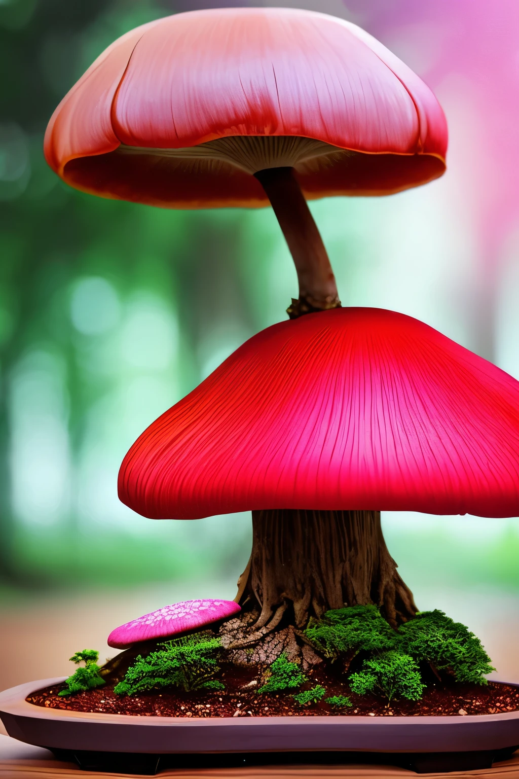 red mushroom,like bonsai,luminous design, pastel colours, summer lights