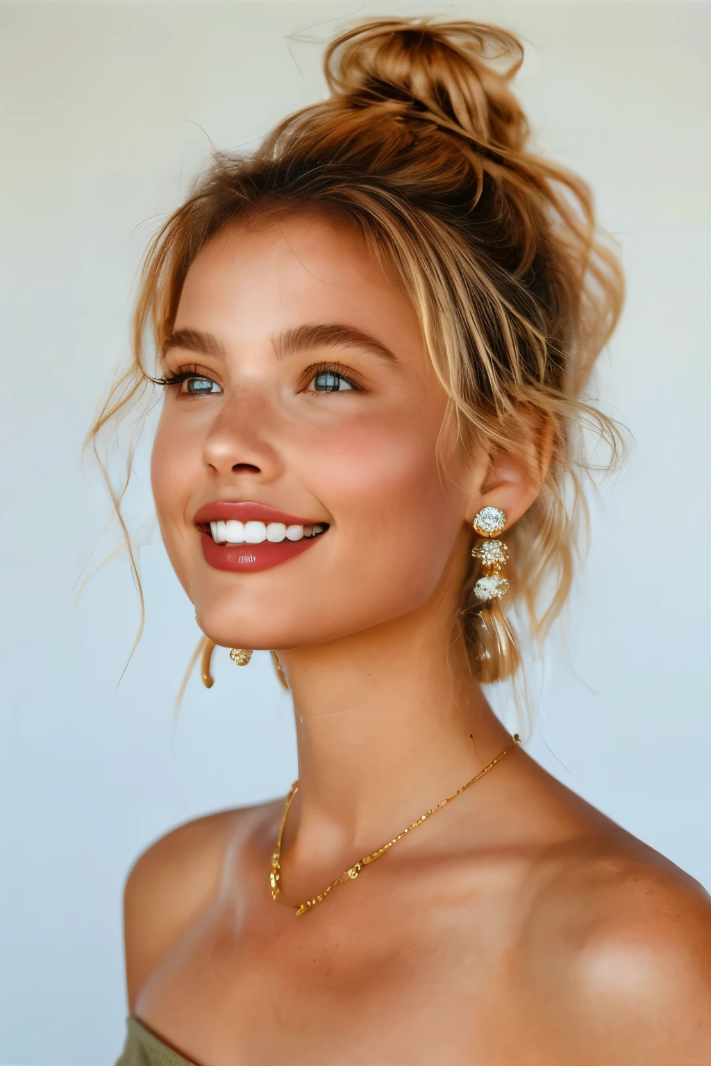 bellissima,  1girl, solo, looking at viewer, smile, blonde hair, jewelry, earrings, teeth, hair bun, grin, makeup, single hair bun, portrait, hoop earrings, realistic