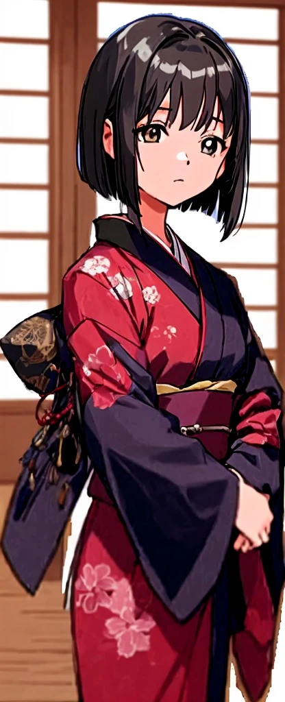 A girl with bob hair is standing in a kimono at a ryokan with her eyes slightly open and looking to the side.。