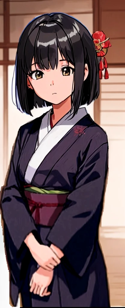 A girl with bob hair is standing in a kimono at a ryokan with her eyes slightly open and looking to the side.。