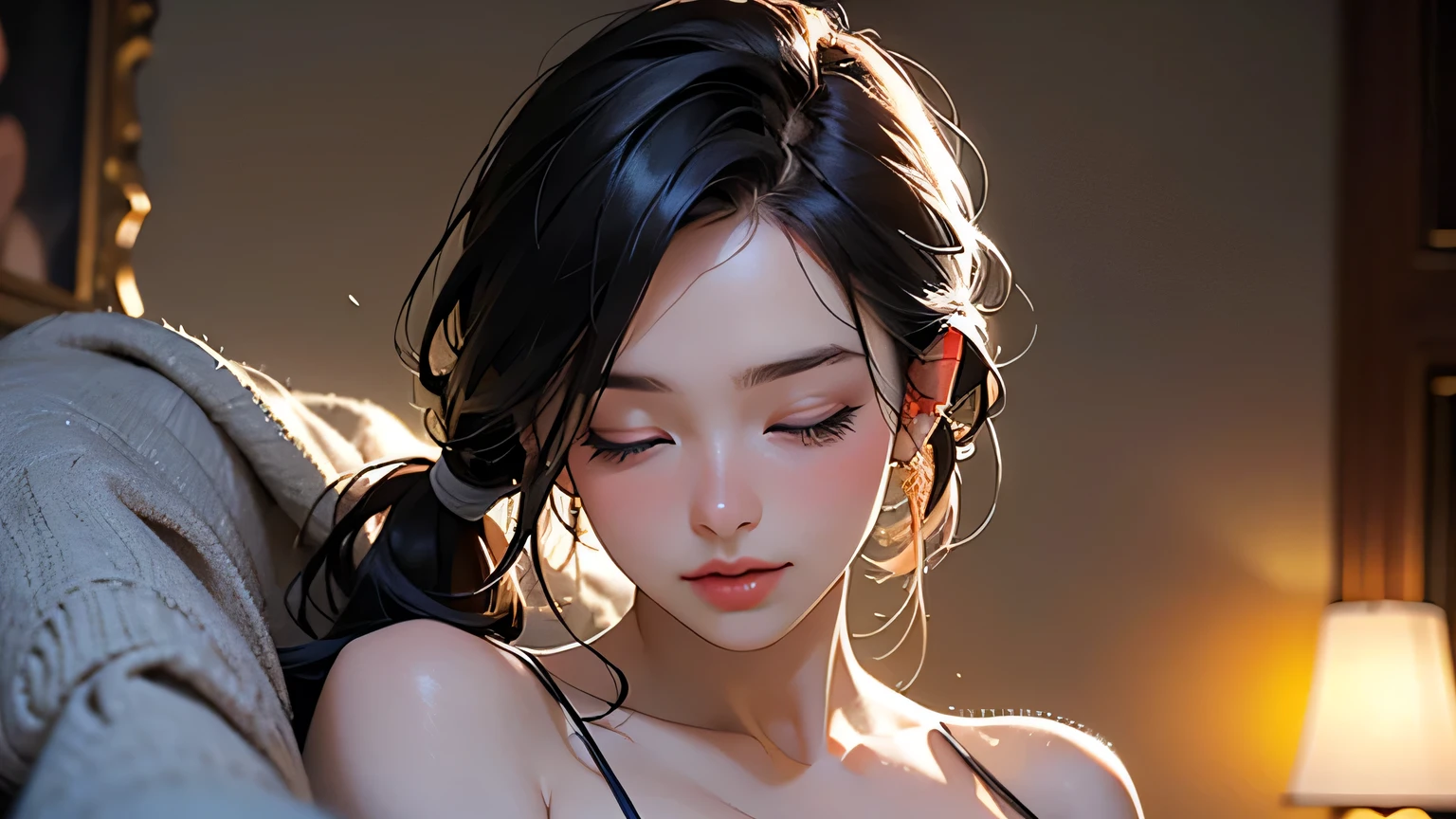 1 Girl, Top Quality, Masterpiece, Ultra High Resolution, (Photorealistic:1.4), RAW Photo, 1 Girl, See Through Spaghetti Strap Shirt, Film Lighting, Half Body Portrait, Half Body Shot, Bedroom, Naked but Covered by Blanket long ponytail, whimsical lighting, enchanting atmosphere, bokeh, dreamy decoration, whimsical lighting, enchanting atmosphere, sleepy face, eyes closed