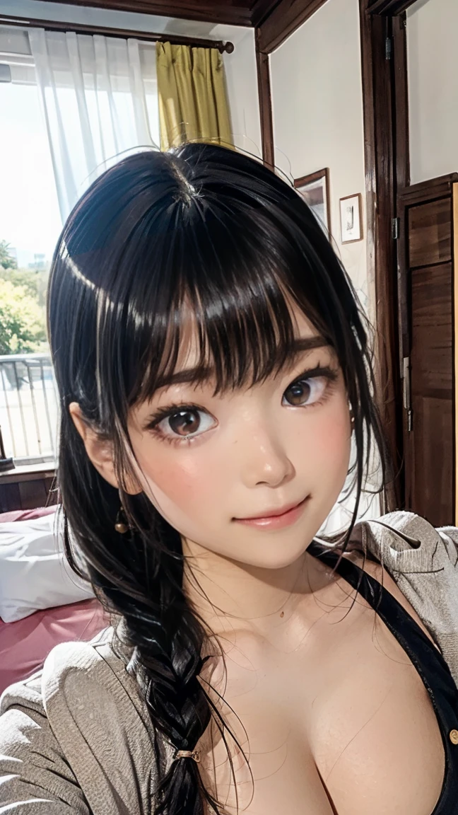 ((((highest quality)))), (((Ultra-precision CG 16K))), (((masterpiece))), (((Very detailed))), (((Extremely detailed))), (((Black outline:1.3, Written boundary depth:1.3 , Written soft outline))), Blur, Bokeh, Maximum clarity and sharpness,Multilayer Texture, Surface Shading, Cinematic lighting, Beautiful details sparkle ,Perfect Proportions, Limited to one woman, BREAK accurate, Anatomically correct, Highly detailed face and skin texture, drawn in detail, Highly detailed facial and skin texture, Detailed eyes, beautiful hair, Beautiful Japanese Idol face, Beautiful and beautiful eyes, Beautiful body, Beautiful breasts, Beautiful thighs, Beautiful legs, Beautiful fingers, (Beautiful views) , skinny body, ((Beautiful Skin)), ((Skin Texture)) BREAK breast enlarged, large Breasts, perky , (blush, laughing:1.3, brown eyes, pink cheek, Double eyelids, Thin eyebrows, narrow eyes:1 Natural cheeks, Glossy skin, Fair skin:1.2, (Glossy lips:1.4, shiny lips: 1.4 ), high school , Attractive adult woman ) , twin braid, Long Hair, Striped Hair, Hair Intake, Inner hair color, BREAK (casual, wearing outerwear outfits to button up:1.3) , nail art, necklace, Bridal Ring, wearing a watch BREAK (((\(lying down on a bed\):1.3 , from front, from below , \(full body Shot\):1.5, long shot, looking at viewer,