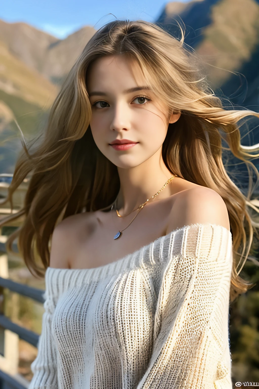 1girl in, 19, Solo, Middle hair,Wavy hair with gradients、 small tit, Looking at Viewer, long messy windy light brown hair, Bare shoulders, Full body, a necklace, off shoulders, White sweater, Realistic, A sexy, Colored leaves, mountains on background々.