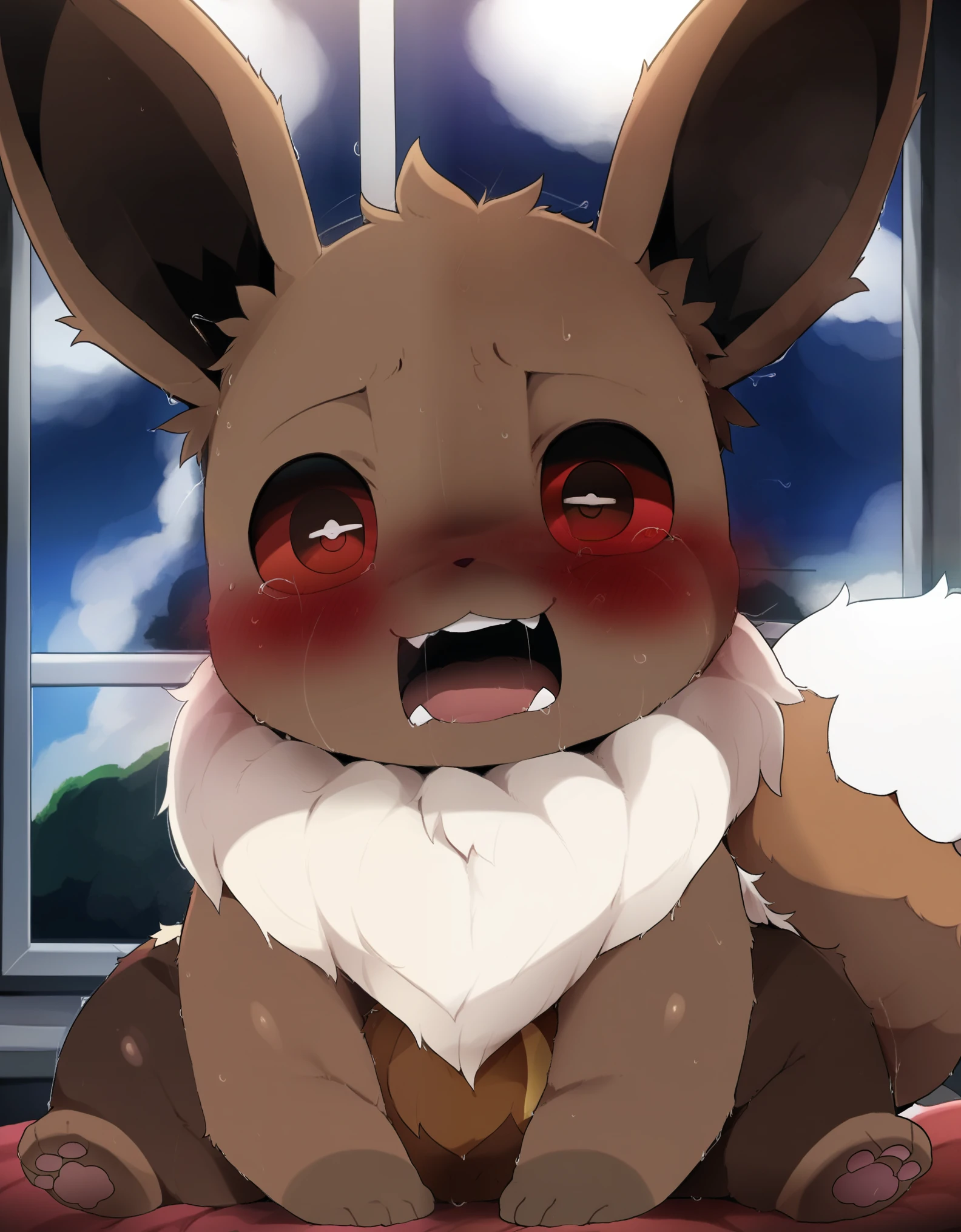 score_9, score_8_up, score_7_up, score_6_up, rating_safe, dagasi_style, furry, Eevee, Pokemon (Species), blurry background, bedroom, indoors, colored skin,  lying, shivering, mouth wide open, half closed eyes,