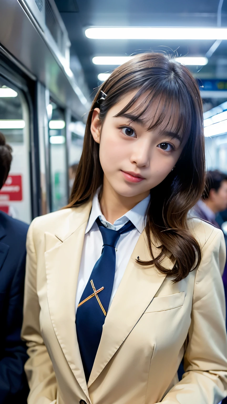 (Best-quality, Masterpiece, Ultra-High-Resolution, (Photorealistic:1.4), Raw Photo, depth of field, professional lighting, perfect anatomy, extremely details), 1girl, 15-years-old, the most famous Japanese idol, on crowded-train, ((wearing formal business suit, tie, slacks)), ((((extremely cute orgasm-face), extremely cute and extremely big orgasm-eyes, extremely beautiful orgasms-skins))), looking at viewer, detailed crowded-train
