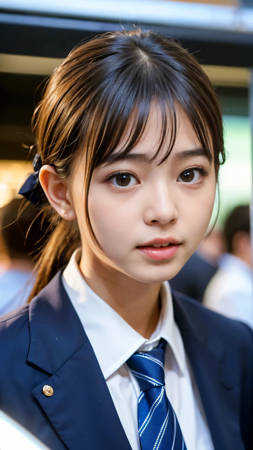 (Best-quality, Masterpiece, Ultra-High-Resolution, (Photorealistic:1.4), Raw Photo, depth of field, professional lighting, perfect anatomy, extremely details), 1girl, -yeld, thost famous Japanese idol, on crowded-train, ((wearing formal business suit, tie, slacks)), ((((extremely cute orgasm-face), extremely cute and extremely big orgasm-eyes, extremely beautiful orgasms-skins))), looking at viewer, detailed crowded-train