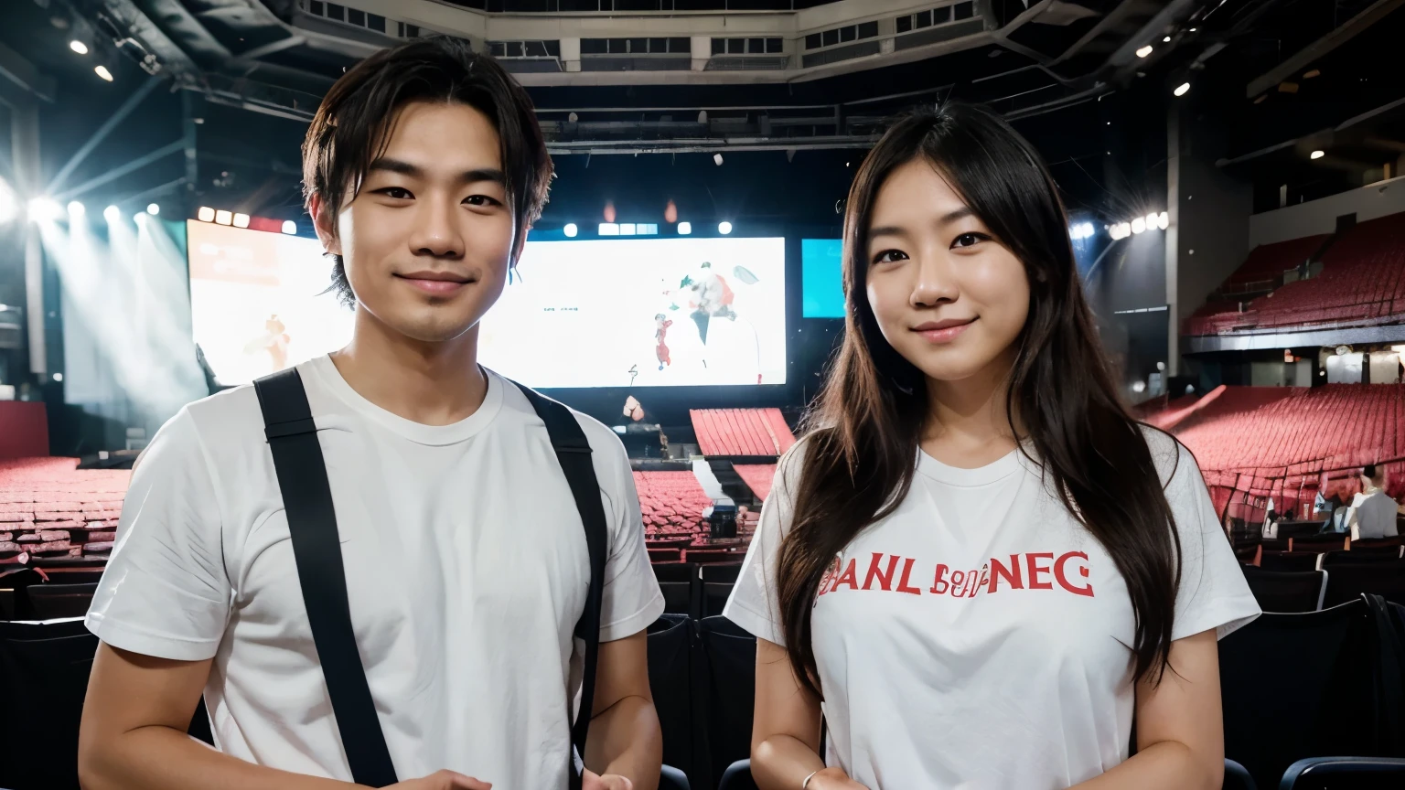 Please draw a picture of two Japanese men and women working as staff at a concert event.。They smile、Concentrating on work without looking at the camera。The man is wearing a staff T-shirt and holding a clipboard.、A woman is operating the audio equipment。There is a concert stage in the background.、Lighting and equipment are installed。The atmosphere is vibrant and professional。