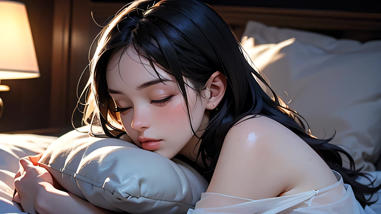 1 Girl, Top Quality, Masterpiece, Ultra High Resolution, (Photorealistic:1.4), RAW Photo, 1 Girl, See Through Spaghetti Strap Shirt, Film Lighting, Half Body Portrait, Half Body Shot, Bedroom, Naked but Covered by Blanket shortcut, whimsical lighting, enchanting atmosphere, bokeh, dreamy decoration, whimsical lighting, enchanting atmosphere, sleepy face, eyes closed, lying on the futon, hugging the pillow