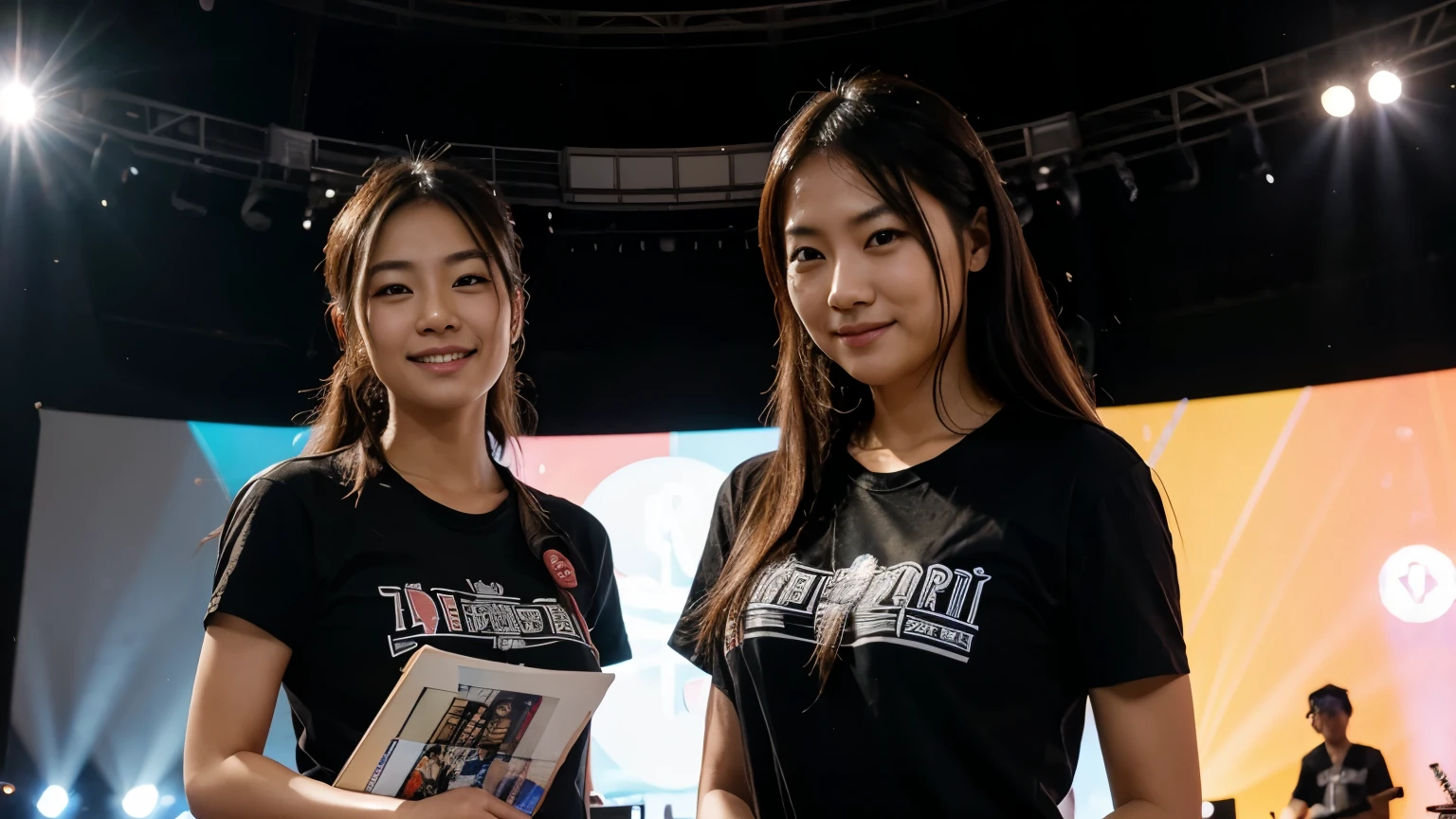 Please draw a picture of two Japanese men and women working as staff at a concert event.。They smile、Concentrating on work without looking at the camera。The man is wearing a staff T-shirt and holding a clipboard.、A woman is operating the audio equipment。There is a concert stage in the background.、Lighting and equipment are installed。The atmosphere is vibrant and professional。