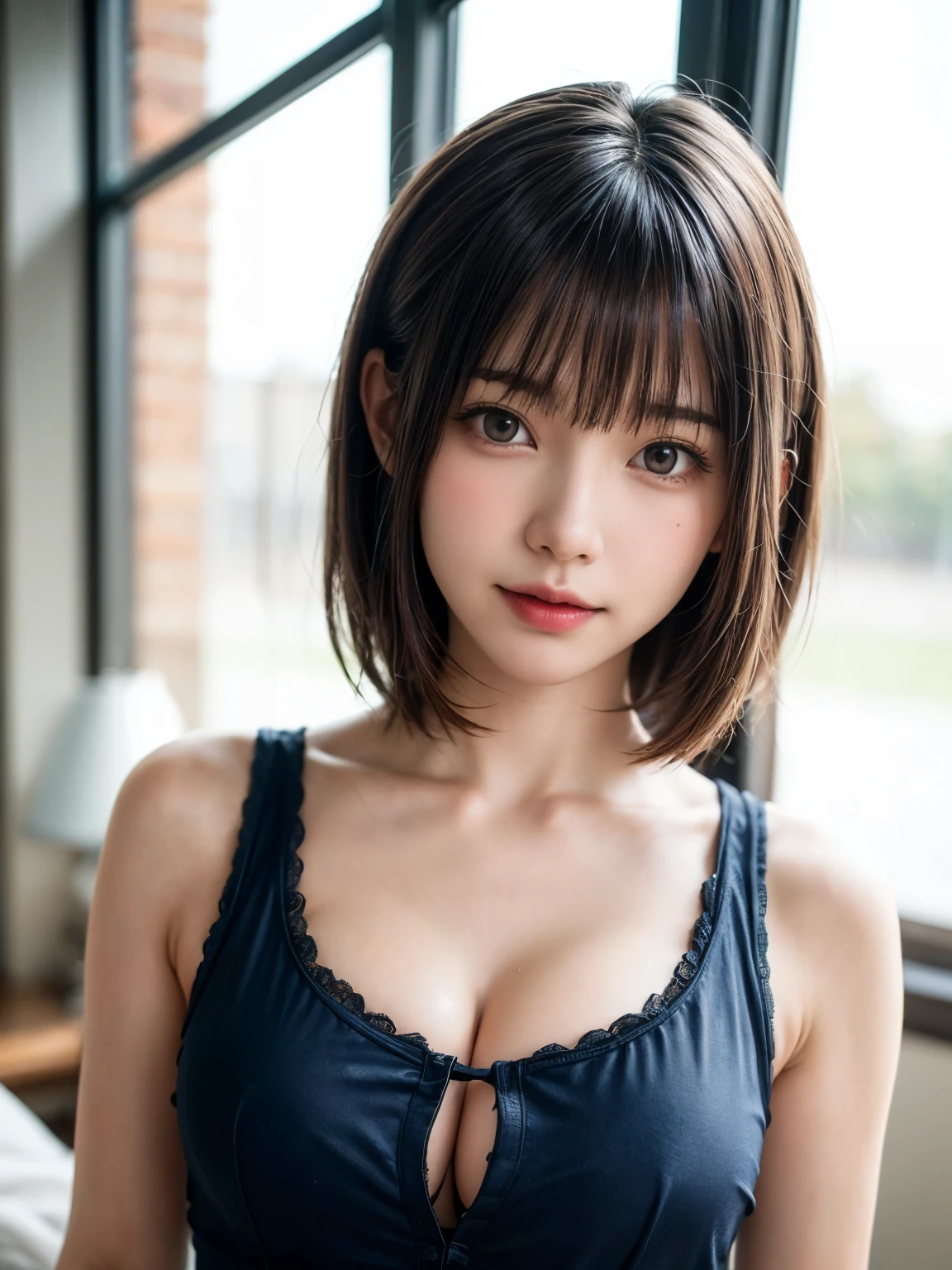 1 girl, alone, alone focus, Cowboy Shot, Portraiture, Beautiful small size clothing with delicate designs:1.4, Half watercolor, Half Green, ((Brown Hair)), (Short Bob Hair、Gradient Hair :1.5), Curly Hair, ((Pink Eyes)), Very detailedな目, Sunburn, (Dark Caramel Skin:1.1、{Huge|big|Hugeな|Mega} chest:2, chestの谷間:2、Attractive and beautiful woman、Happy smiling face with mouth closed), highest quality, Very detailed, so beautiful、so beautiful芸術的な背景, delicately painted, Reminiscent of Western art..:2