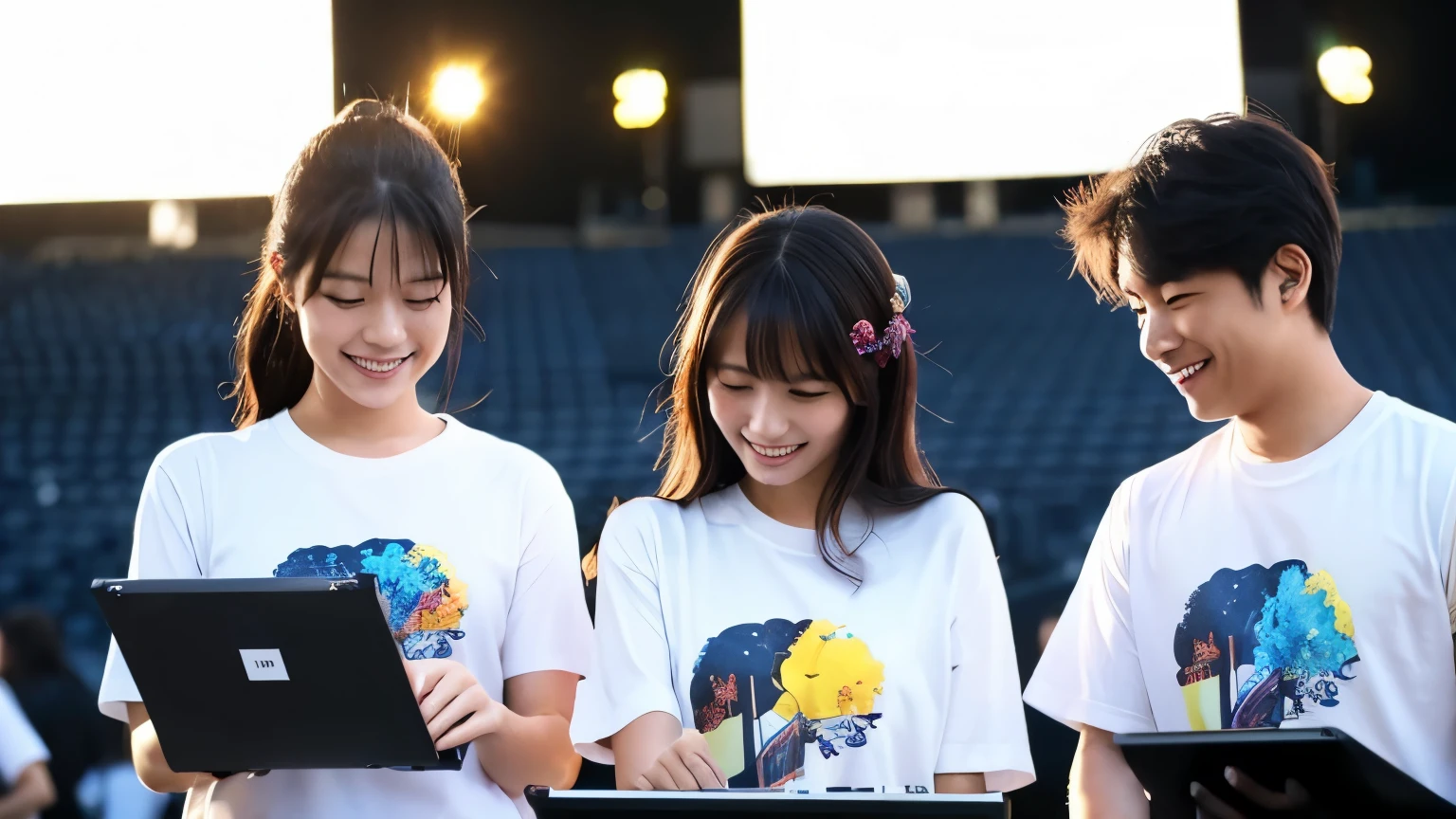 Please draw a picture of two Japanese men and women working as staff at a concert event.。They smile、Concentrating on work without looking at the camera。The man is wearing a staff T-shirt and holding a clipboard.、A woman is operating the audio equipment。There is a concert stage in the background.、Lighting and equipment are installed。The atmosphere is vibrant and professional。
