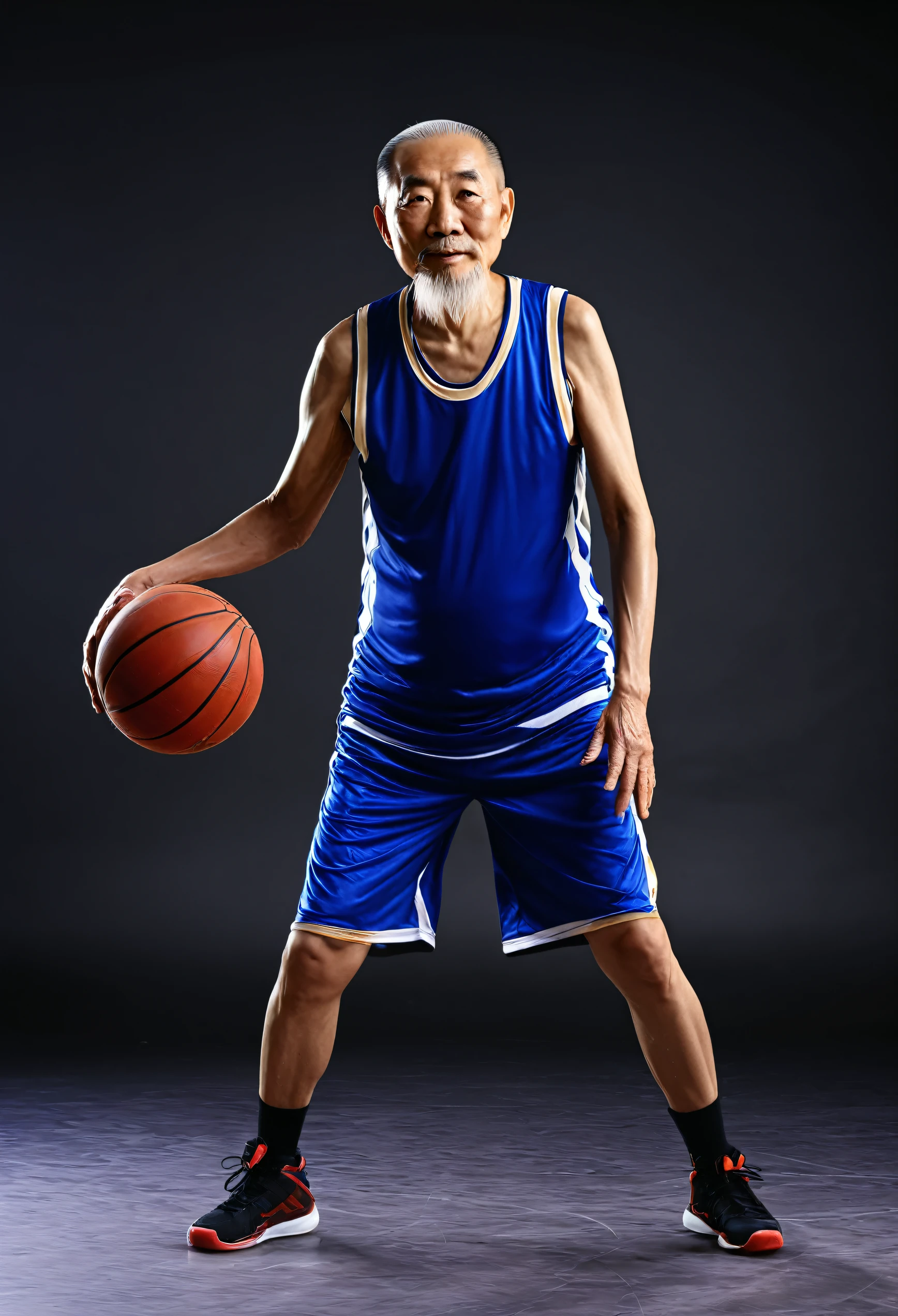 A Chinese old man playing basketball，Full body composition，Detailed depiction，High-resolution images，Photography