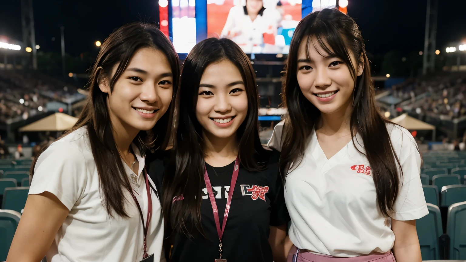 Japanese,Smiling young men and women working as staff at a concert event,More than one person