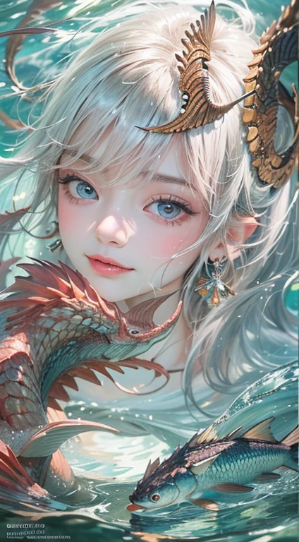 Low Girl, 10 yagon Princess, Close-up face, (Highest quality realistic textured skin),(terrible),(got it, round, Symmetrical eyes),Delicate facial features,(Burning bright cold eyes), She has beautiful tiger eyes, Very slim and slender figure, naked, nude, (She has a mischievous smile),(Her face is kind and beautiful),Glass earrings in the ears,,(Blonde Hair),(Silvery white hair),(Chestnut Hair),(Swim at the bottom of the ocean),(Full body portrait:1.5),(Dramatic Photos:1.4),(Dramatic Pose),(Flashy photos)(look up),(Looking down),(Around her neck is a simple necklace made with exquisite craftsmanship.),Cluttered photos,(Hair flowing in water:1.5),(In the water, Life at sea, 美しいCoral Reef, fish),(Background vortices and currents),(Dramatic Light),(Nice views),(Surrounded by beautiful dragons),遠くの背景にはCoral Reefに沈んだ寺院が見える,Coral Reef,Spectacular realism,Cinematic feel,(High-density image review:1.5),(Soft colors:1.2),Very detailed,Dramatic Light,(Intricate details:1.1),Complex background,